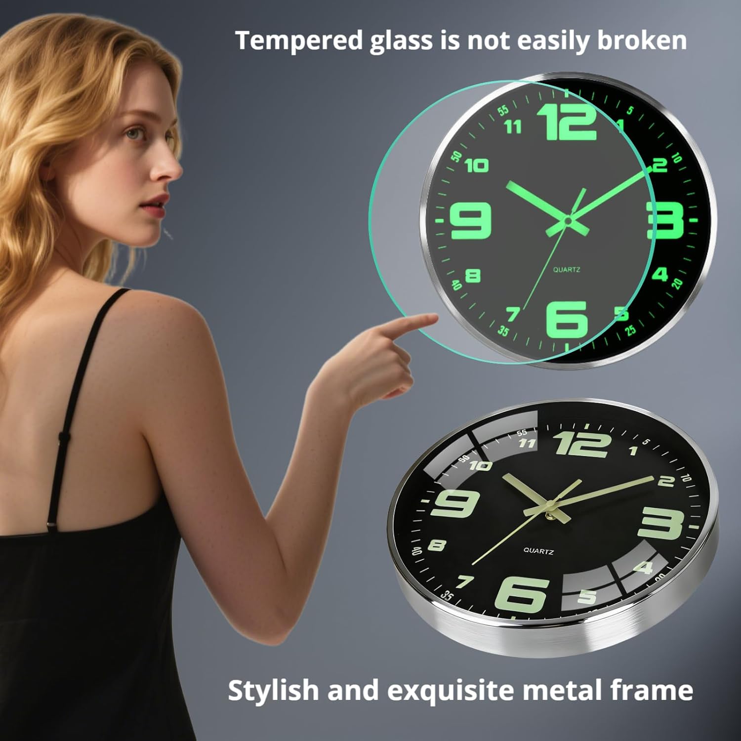 12-inch wall clock, battery powered, tick-free, luminous, large font clearly visible at night, metal frame for durability, tempered glass mirror, suitable for all living room settings (silver)