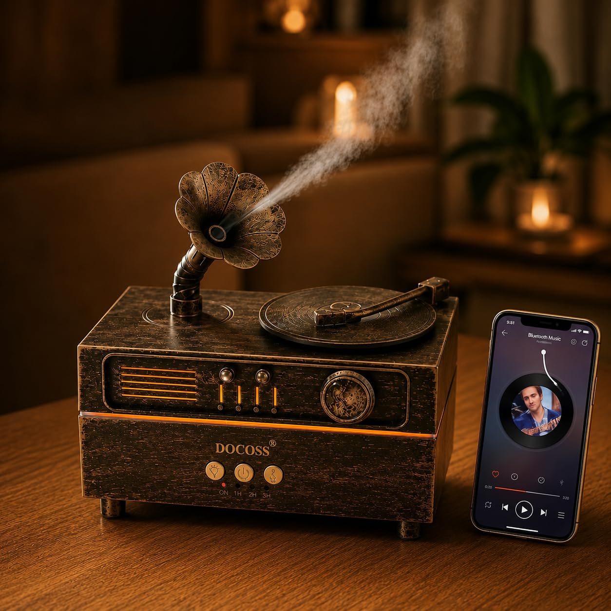 Docoss 5 in 1 Diffuser Humidifier 200 ml, Bluetooth Speaker, 6 LED Light, Timer, Gramaphone & Vinyl Rotation Retro Design. (Antique)-image-11