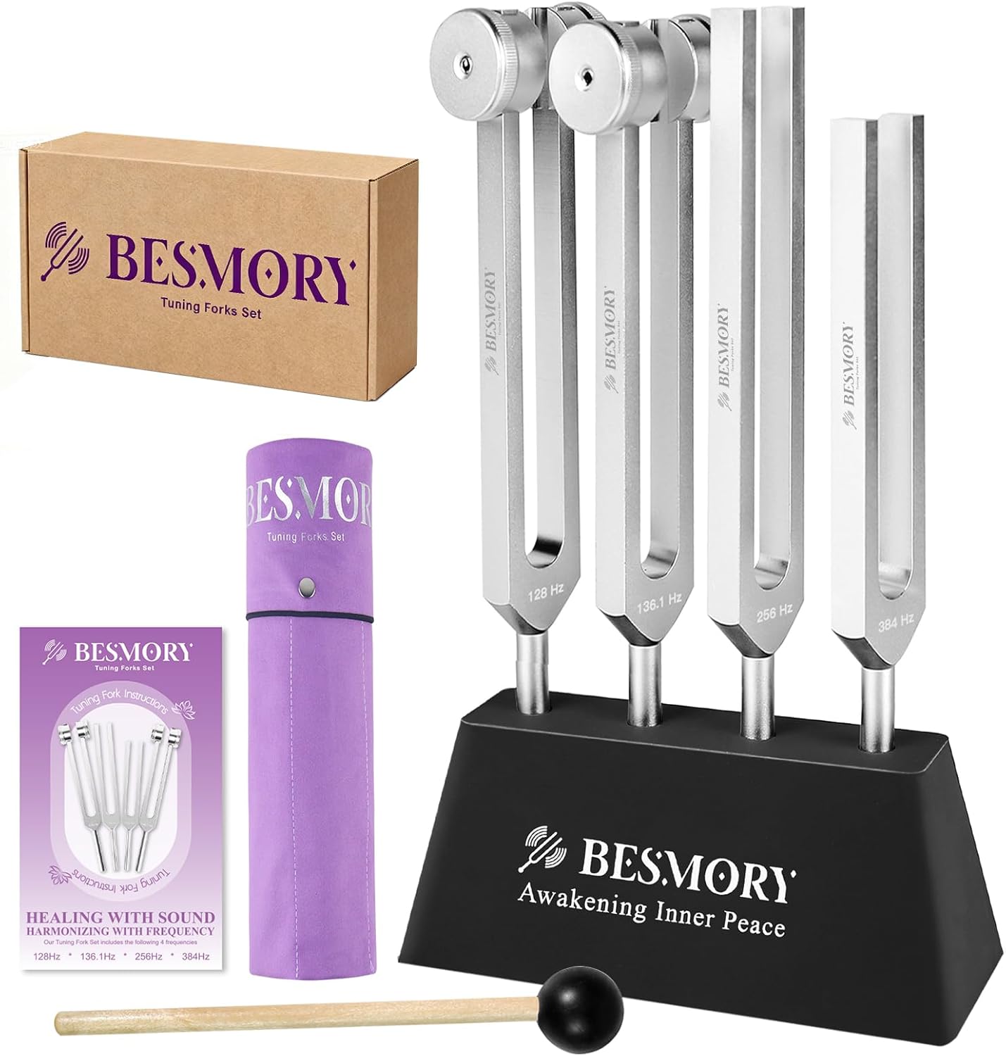 Tuning Forks for Healing (128Hz, 136Hz, 256Hz, 384Hz), Sound Healing Instruments with Mallet and Stand Activator, Tuning Forks for Meditation, Yoga, Chakra Balancing & Deep Relaxation
