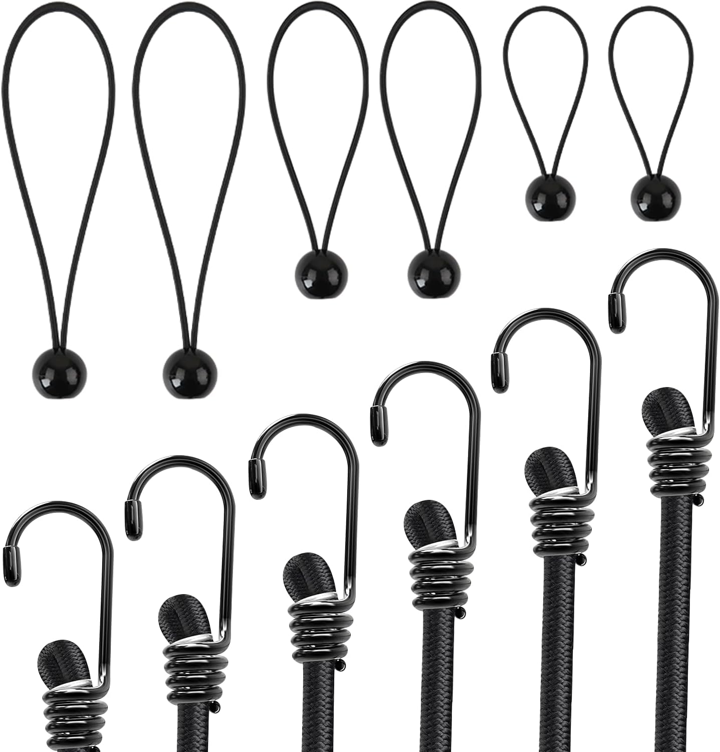6pcs Bungee Cords with Hooks (12", 24", 36") + 6pcs Ball Bungees Cord in 3 Size – for Cargo, Camping, Tents & Outdoor Gear (12pcs Black)