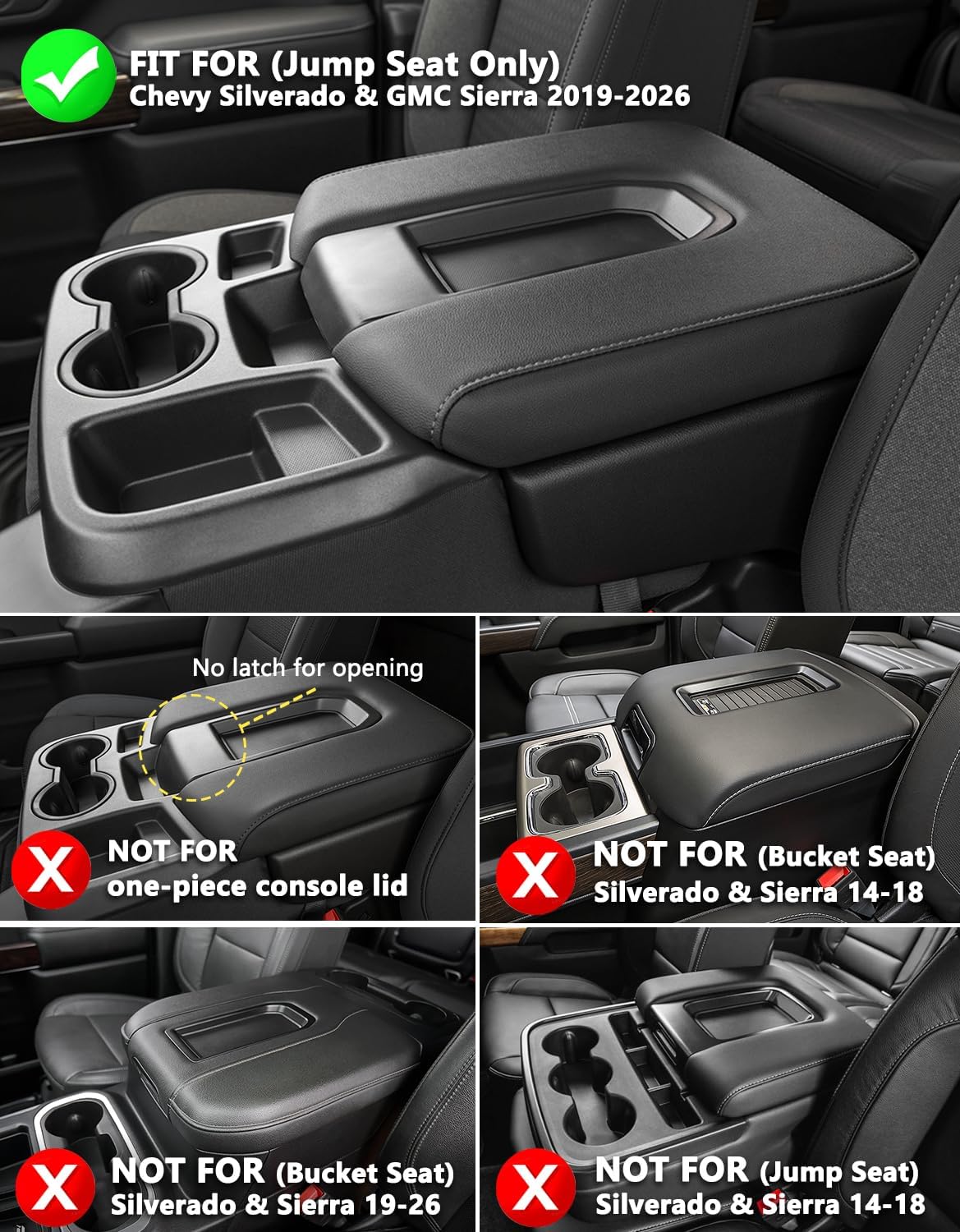 Center Console Armrest Cover for GMC Sierra & Chevy Silverado 2019-2026, 40/20/40 Jump Seat, Middle Console Lid Protector, Midlle-cut, Vinyl Leather Accessories, Anti-scratch, Black