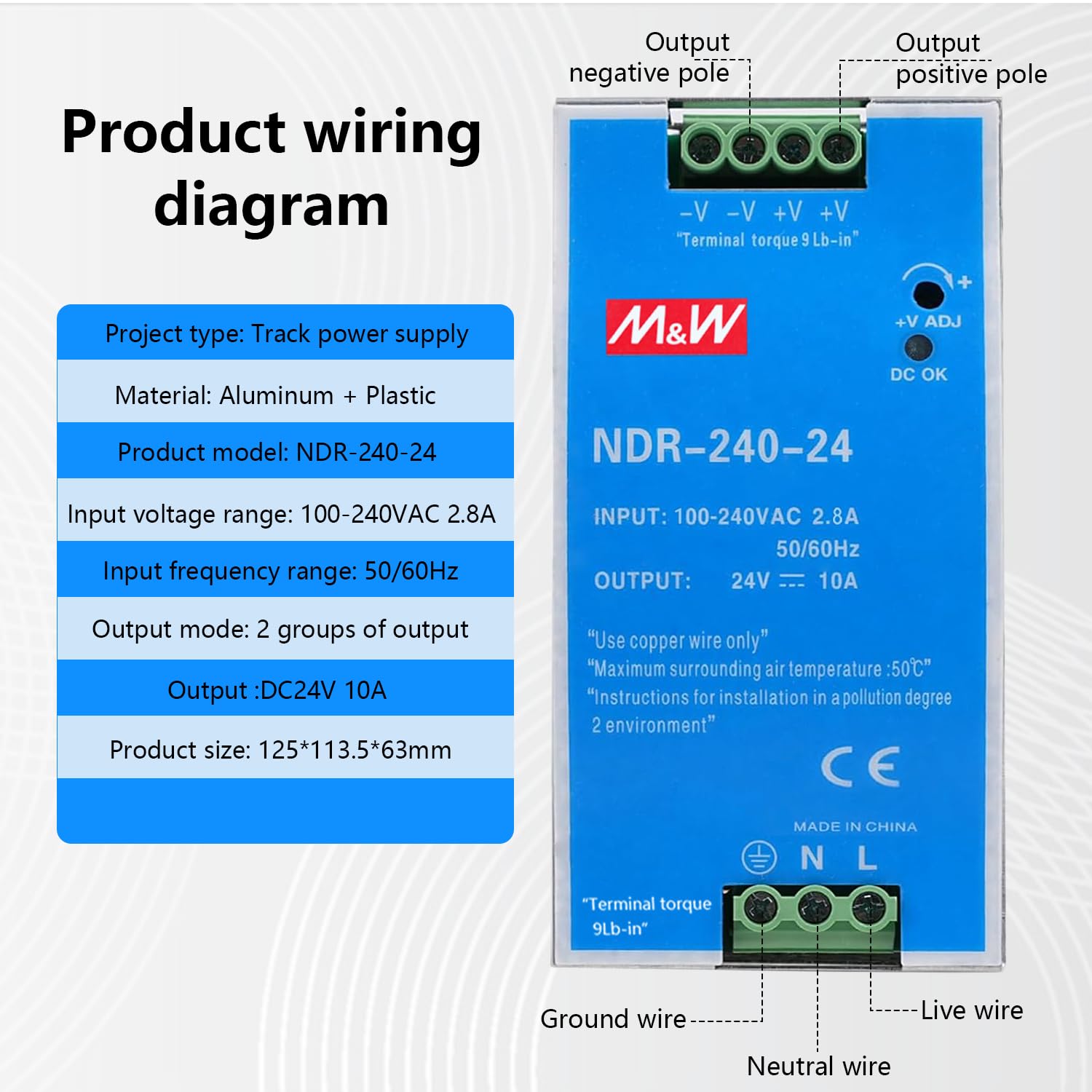Fuente de alimentación para carriles, 24 V, 240 W, DIN rieles, fuente de alimentación conmutada, entrada 100-240 V CA, 2,8 A, salida CC 24 V 10 A, varias funciones de protección, ampliamente utilizado