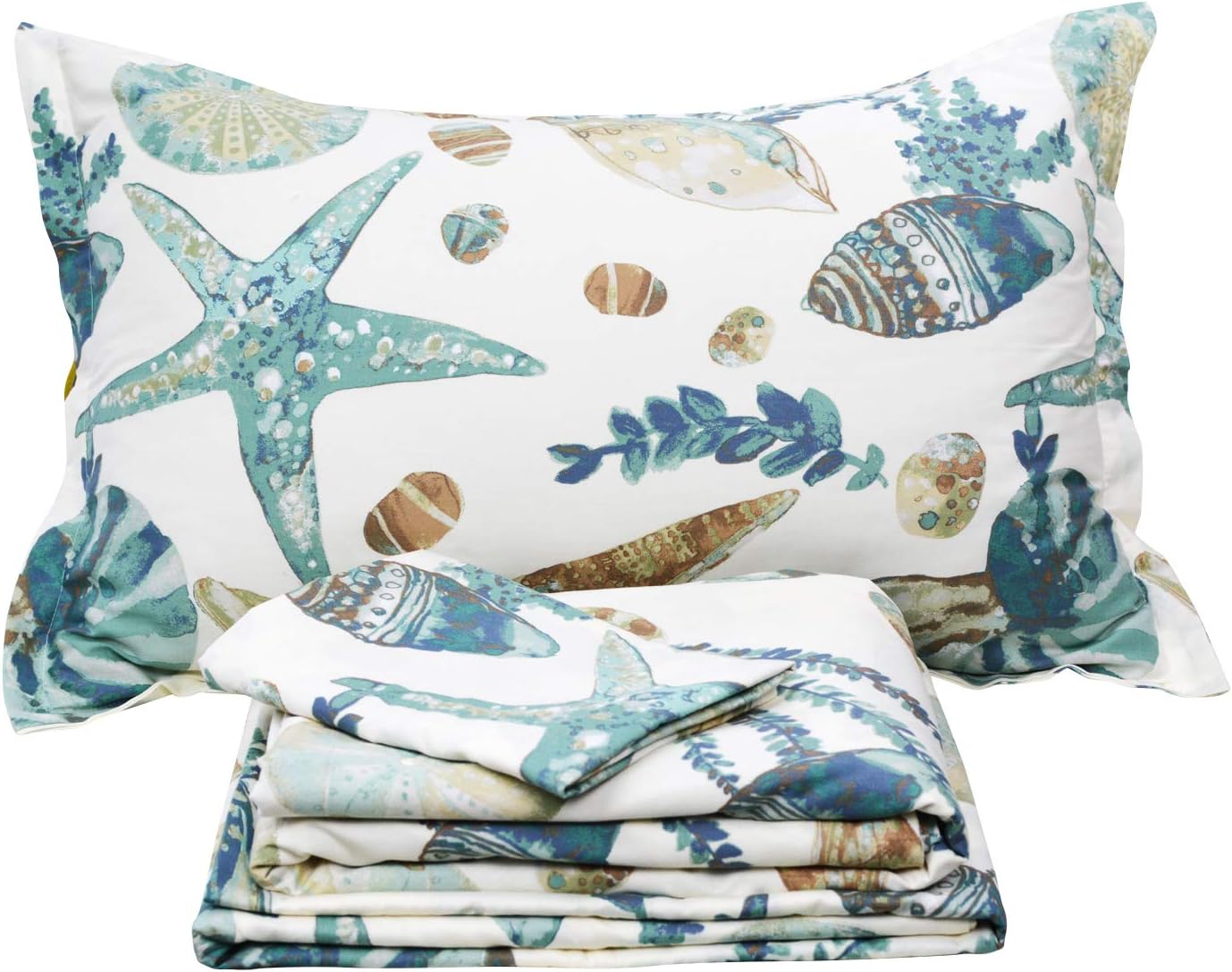 FADFAY Sheet Set Queen Beach Themed Bedding Sets 100% Cotton Super Soft Coastal Bedding White Teal Seashells and Starfish Nautical Bedding with Deep Pocket Fitted Sheet 4-Pieces Queen Size