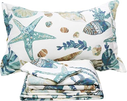 Miniatura 8 de FADFAY Juego de sábanas Queen con temática de playa, 100% algodón, ropa de cama costera súper suave, ropa de cama náutica de conchas marinas y