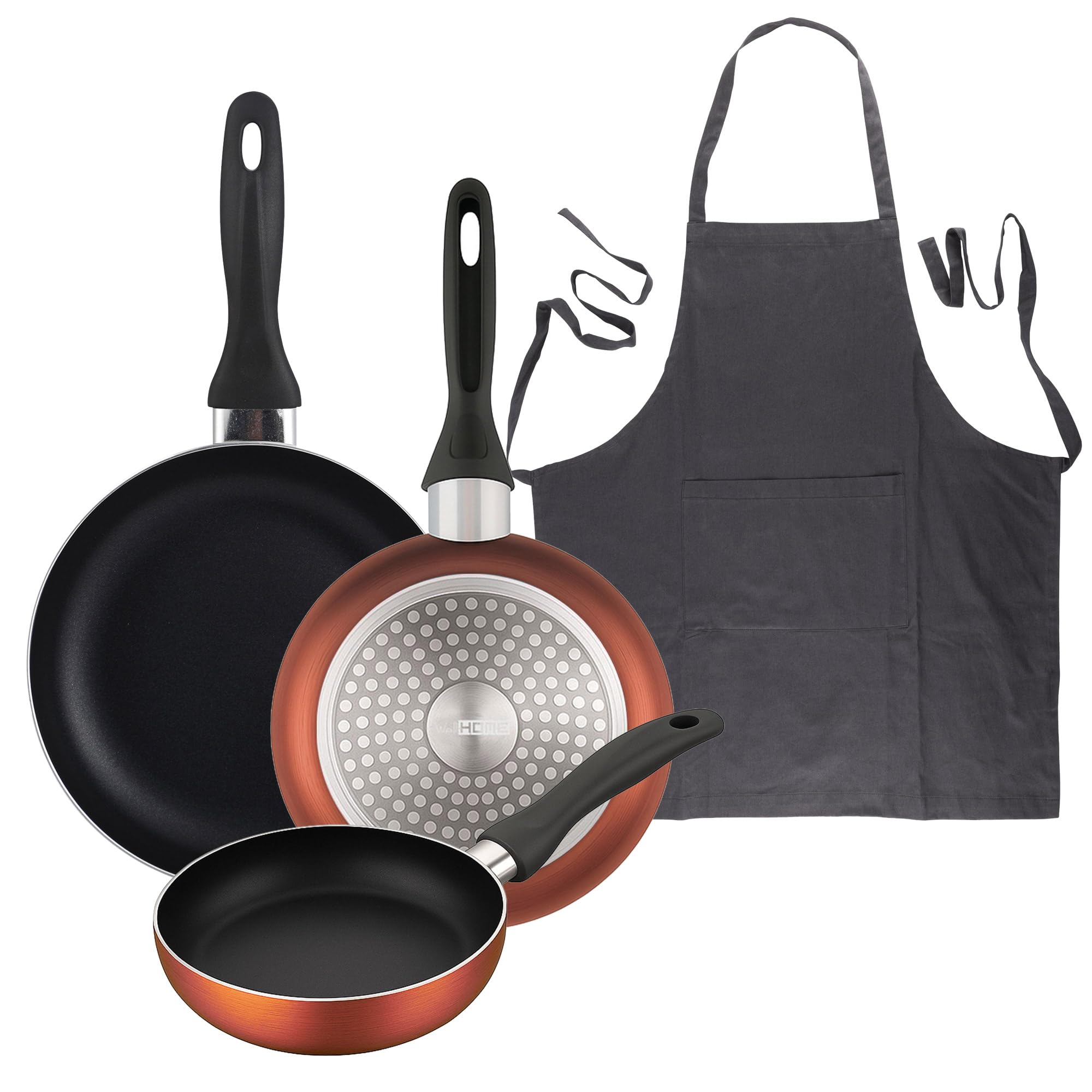 Well Home Lot de 3 poêles Ø16Ø20Ø24 cm en aluminium pressé en cuivre métallisé + tablier de cuisine gris foncé 100% coton 75 x 80 cm