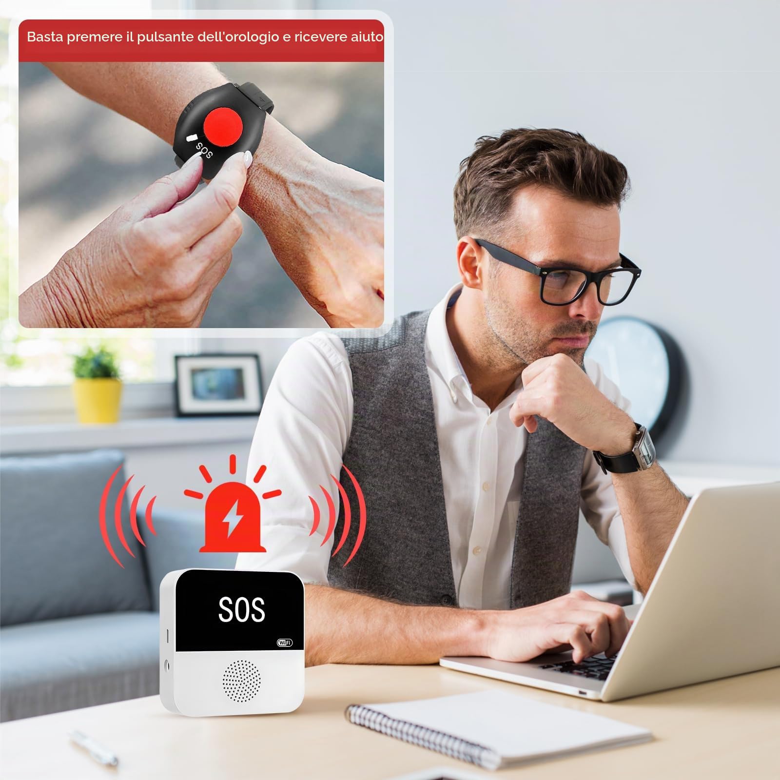 Pulsante di Emergenza per Anziani,Wireless Sistema di Chiamata di Emergenza | Bracciale di Emergenza per Anziani, Pulsante di Chiamata WiFi Caregiver Pager, Per Pazienti Anziani, Disabili, Bambini