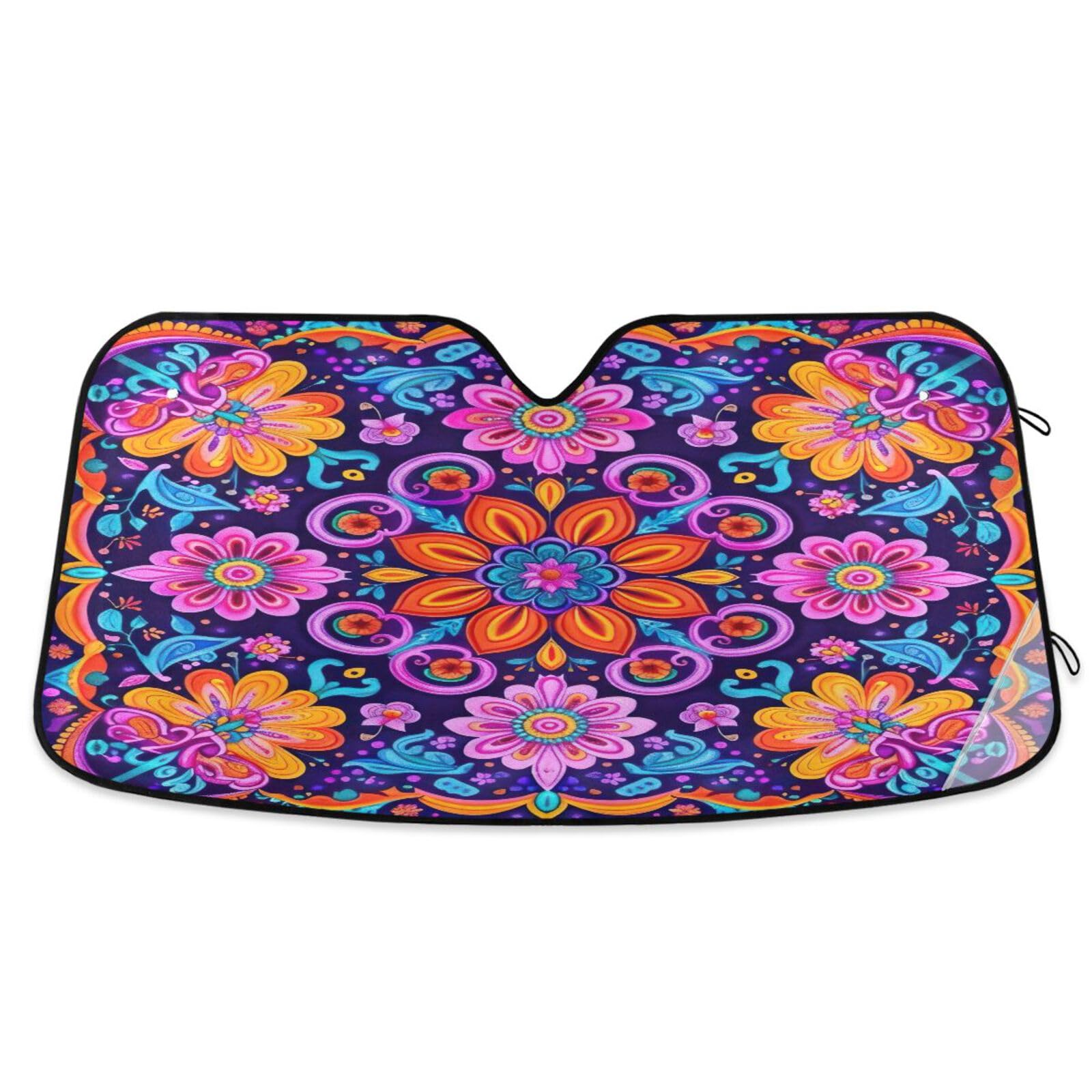 Qilmy Mandala Car Windshield Sunshade Foldable UV Sun Visor Protector Automotive Sun Shade, 57 x 31.5 Inch