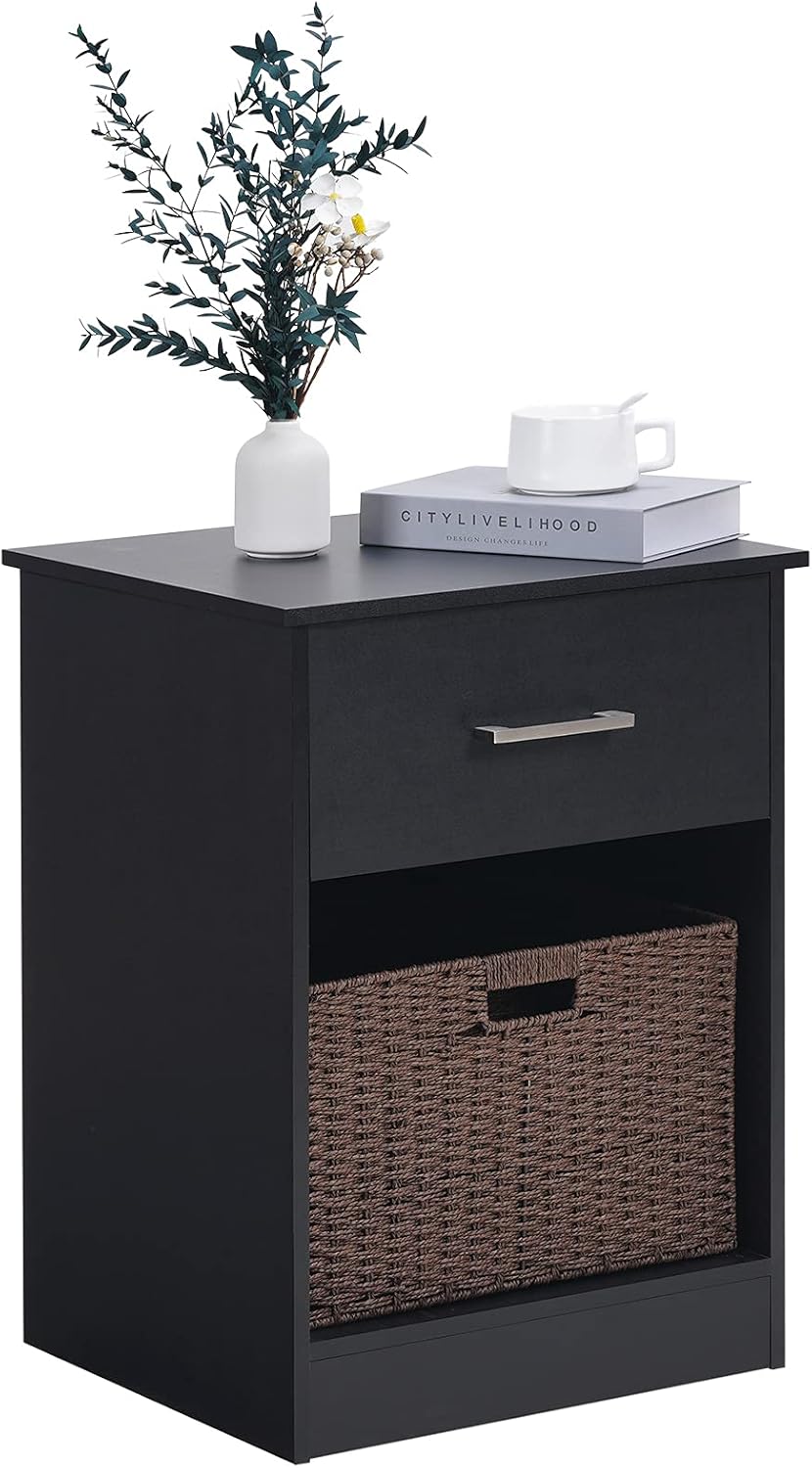 Reettic Wooden Nightstand Set of 2, End Table with Sliding Drawer and Opening Shelf, Sofa Side Table for Bedroom, Black RCTG101B02 : Home & Kitchen