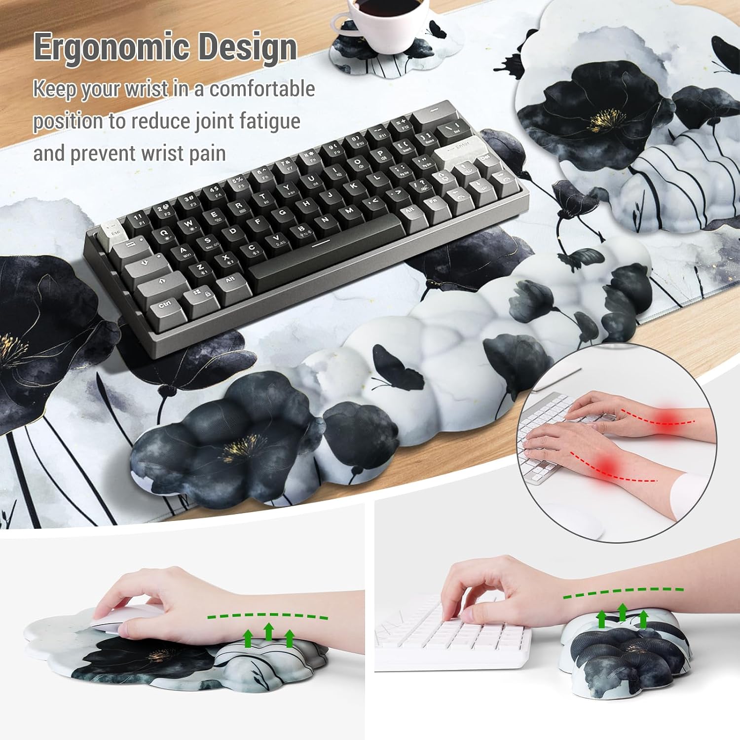 Conmputer Desk Mat Set, 4 in 1 Cloud-Shaped Ergonomic Wrist Rest Set, Mouse Pad with Non-Slip Base, Memory Foam Silicone Lining Keyboard Wrist Rest, Computers, Offices, Gaming, Ink Wash Lotus