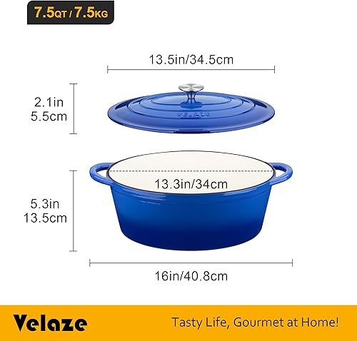 Miniatura 2 de Velaze Olla de horno holandés ovalada esmaltada de 7.5 cuartos de galón con tapa, horno holandés de hierro fundido con asas dobles para hornear pan,