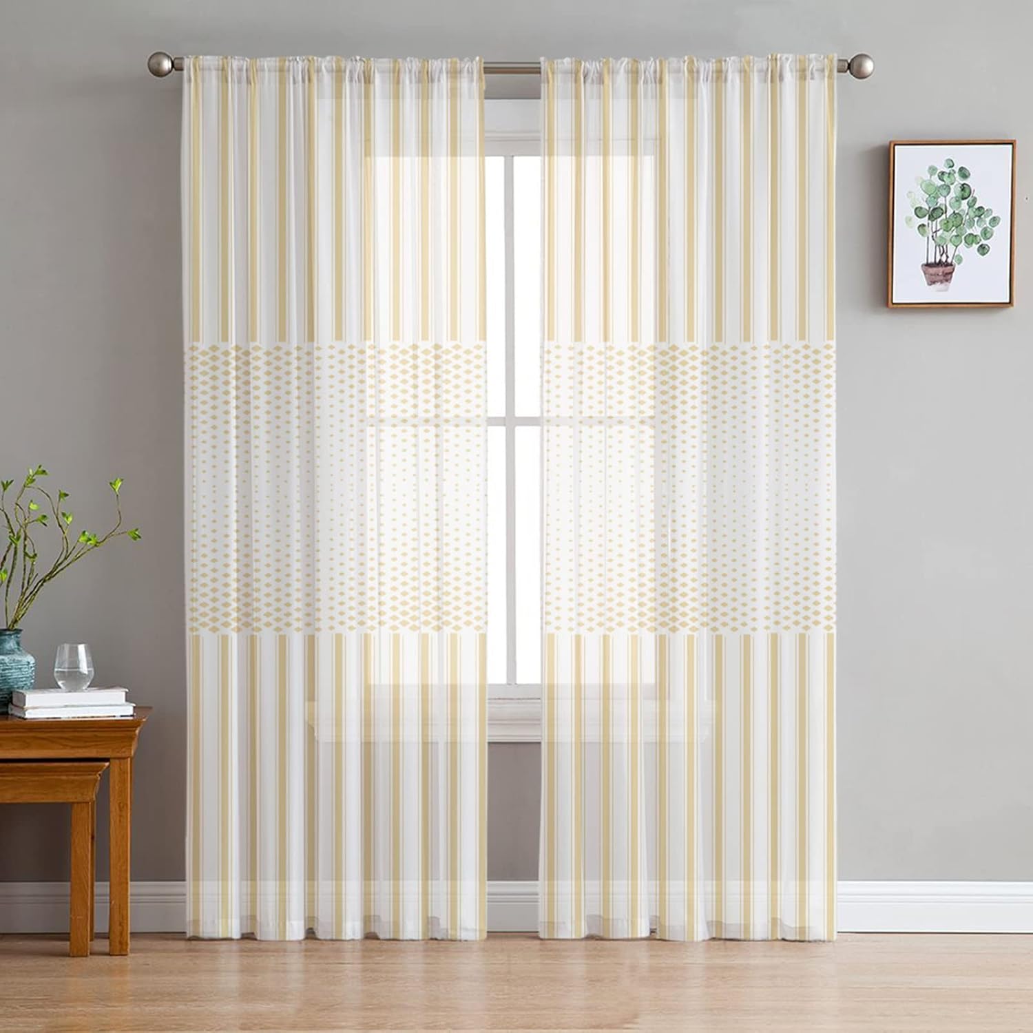 Sheer Curtains 84 Inch Length 2 Panels Set Beige Striped