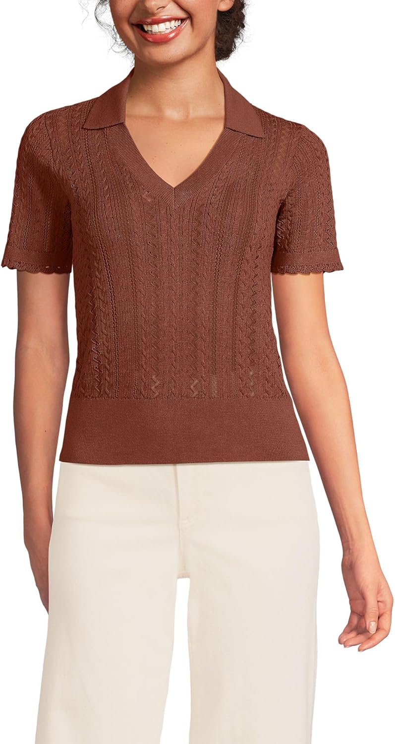 Lands' End Women's Fine Gauge Cotton Pointelle Polo Sweater