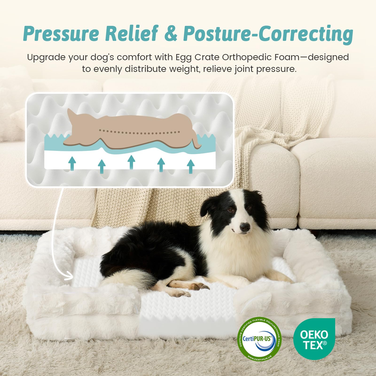 COZY KISS Self Warming Dog Bed for Large Size Dog, Faux Fur Orthopedic Puppy Sofa with Washable Removable Cover, Bolster Orthopedic Egg Crate Foam Bed for Pet Up to 100 lbs, XL 44x32x7 inch, Beige - image 3