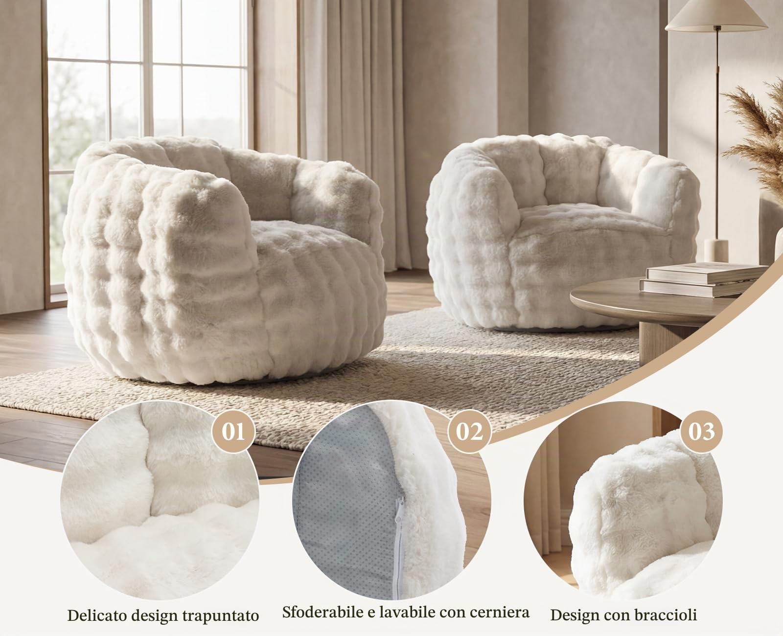 Puff Poltrona Pouf Letto in Pelliccia, per Soggiorno, Bianco