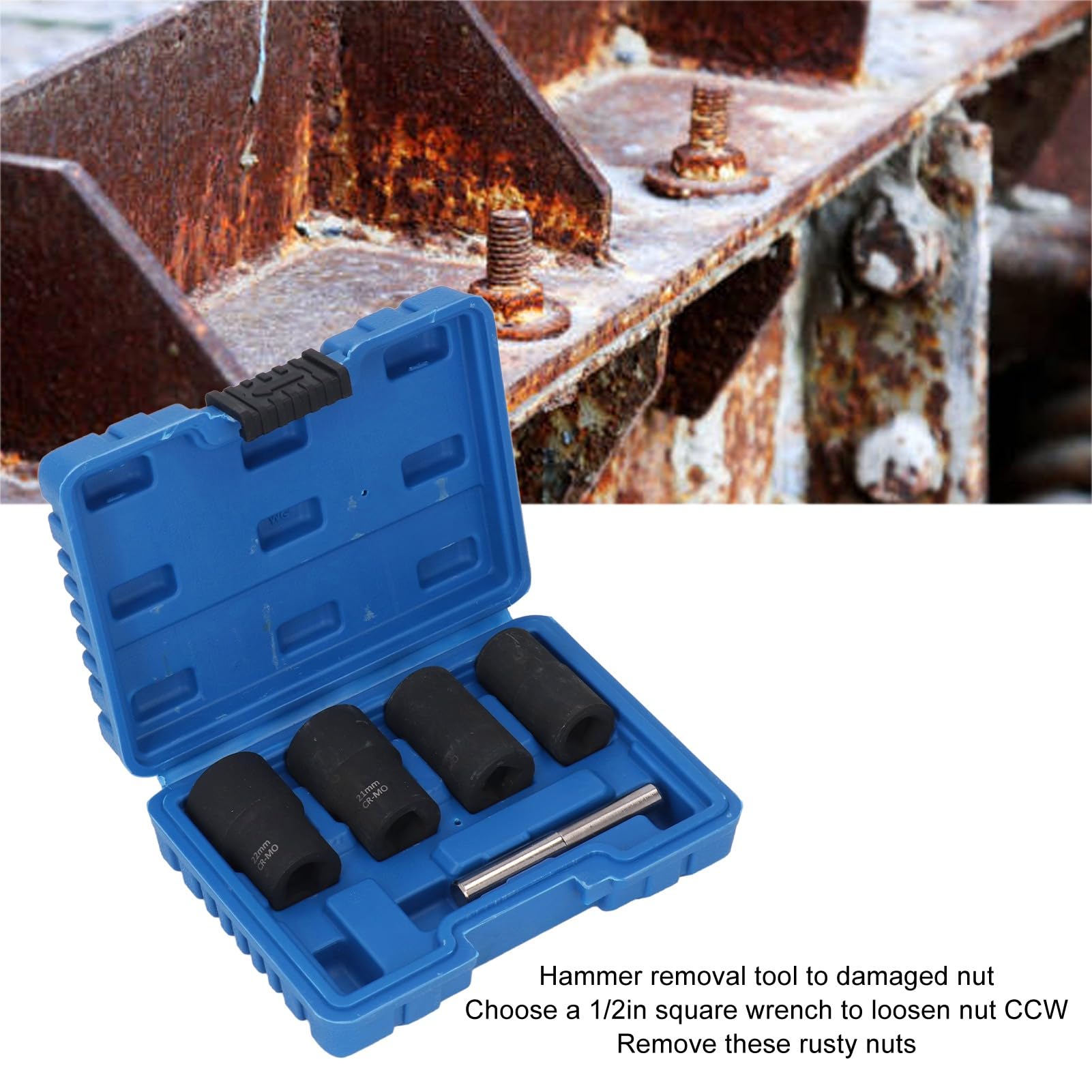 Universal Bolt Extractor Kit:Chrome Molybdenum Steel Bolt Extractor Set for Damaged Nuts and Bolts, Sizes 17mm,19mm,21mm,22mm