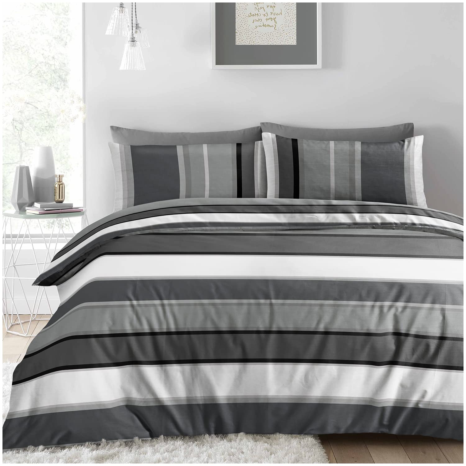 Super Dreamer Reversible Complete Duvet Cover Sets, Breathable Comforter Covers With Fitted Sheet & Pillowcase, 3 Piece Stripe Bedding Set, Grey, Single โ image 1