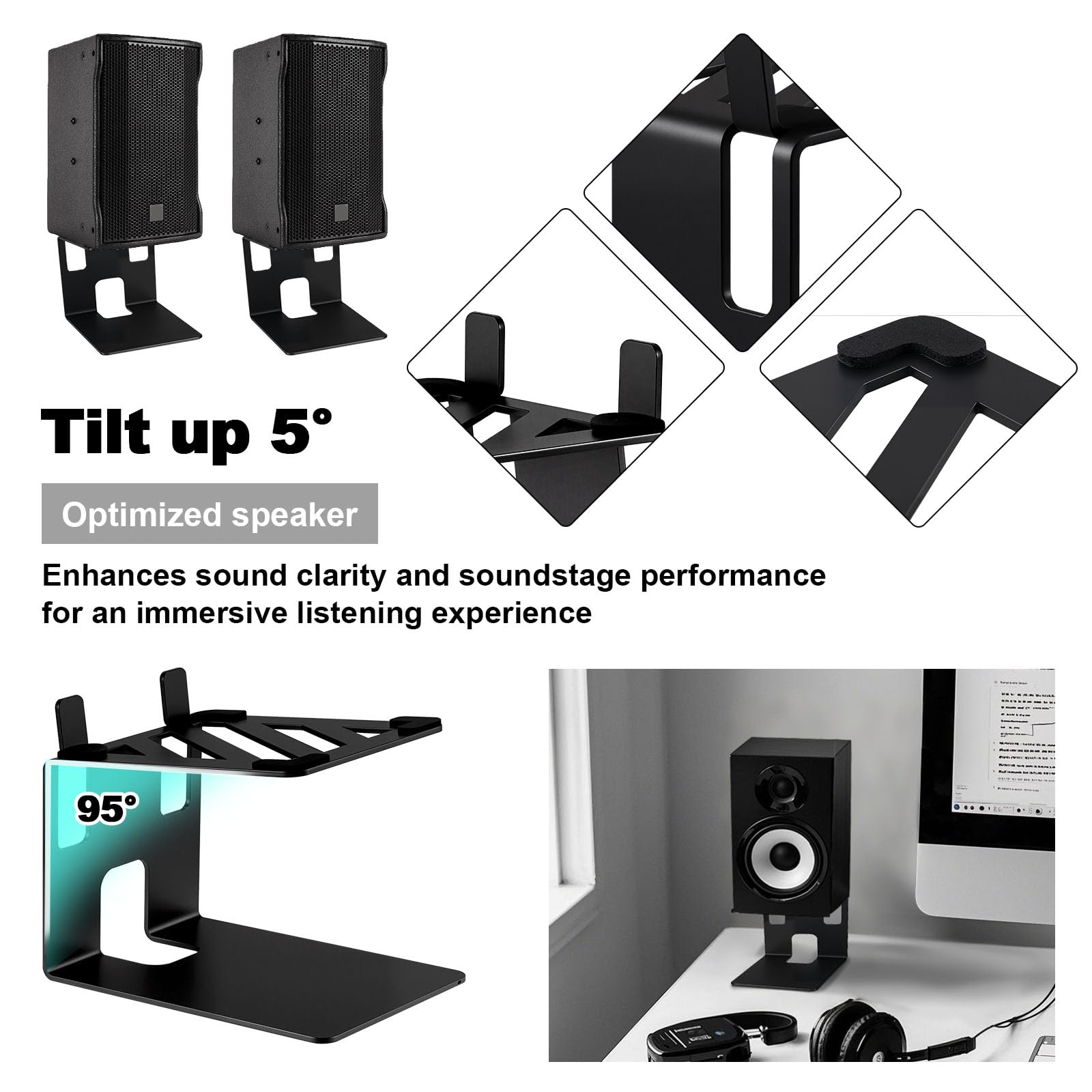 2 Supporti per Altoparlanti da Tavolo, Capacità di Carico: 20kg per Supporti Audio per Altoparlanti per Computer, Supporti Audio da Scrivania in Acciaio al Carbonio, Inclinazione di 5° (A)