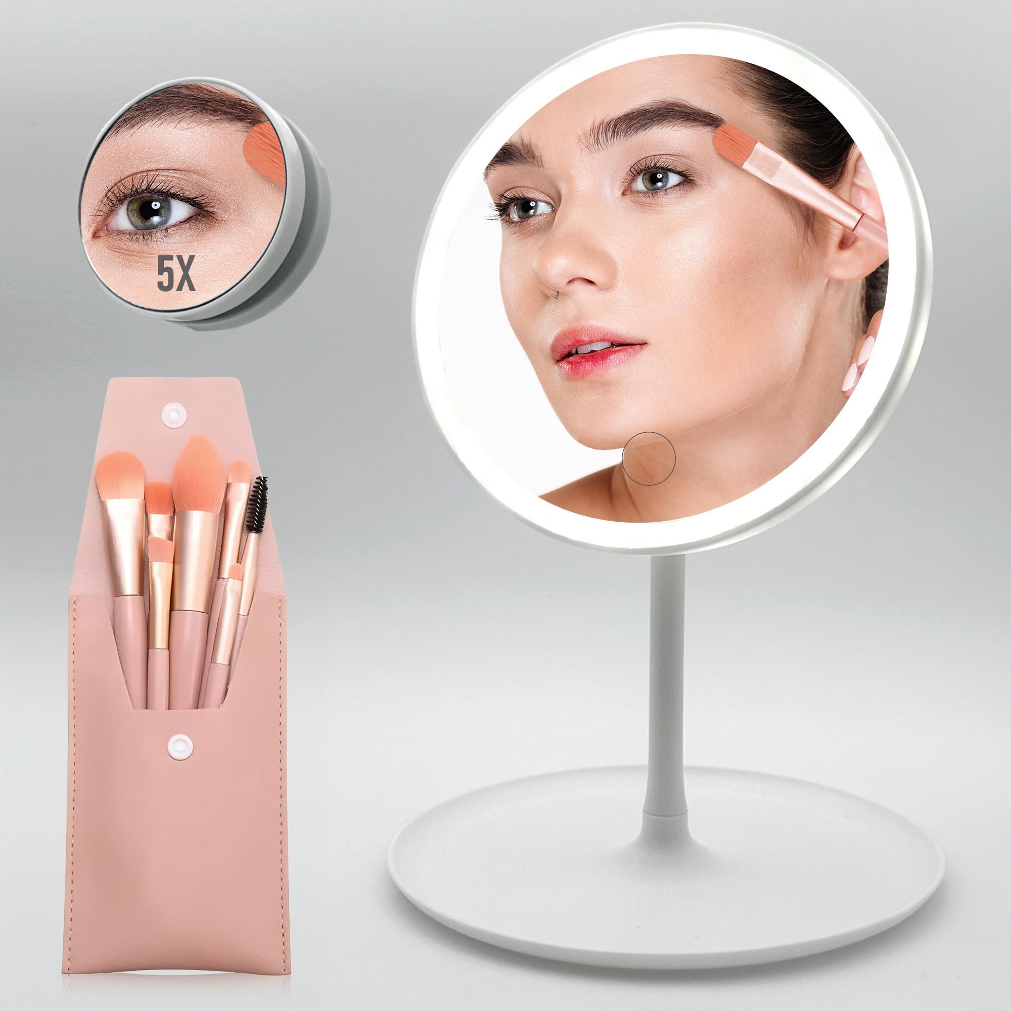 Three Stars | Espejo de Maquillaje con luz Led Recargable | Regalo: Set de 8 brochas | Encendido y regulación del Brillo táctil | 3 Colores de luz | Aumento X1/X5 | Rotación 180°