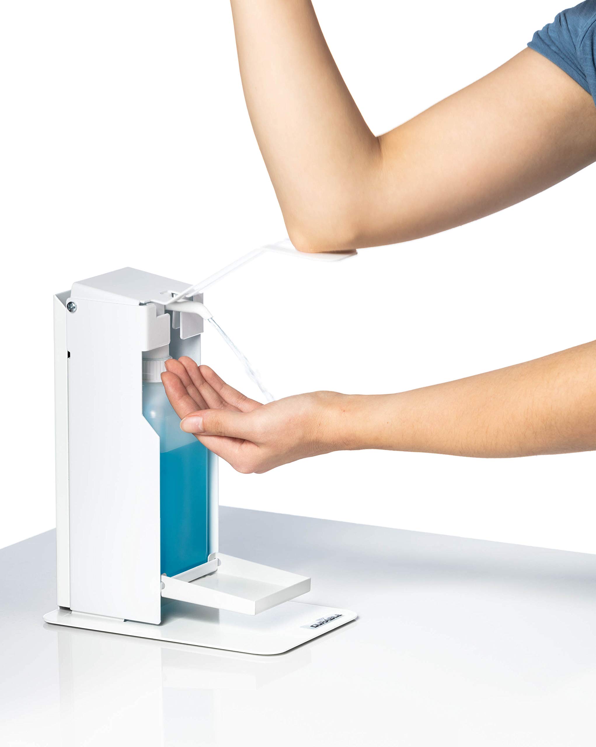 Durable Tisch-Desinfektionsspender mit Armhebel, für Desinfektionsmittel oder Seife, flexible Anpassung an Flaschengrößen bis 500 ml, weiß, 589602