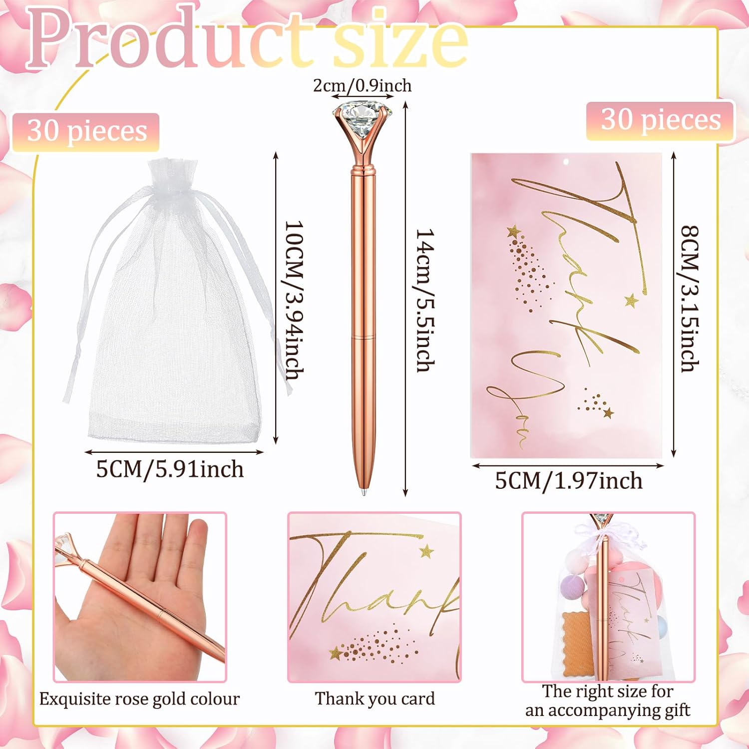 Yeaqee 91 Pcs Bridal Shower Pens Diamond Set 31 Wedding Crystal Pens 30 Organza Bags 30 Cards Bridesmaid Bling Metal Ballpoint Pen for Wedding Bridal Shower(Rose Gold, White,Classic Style) - Image 2