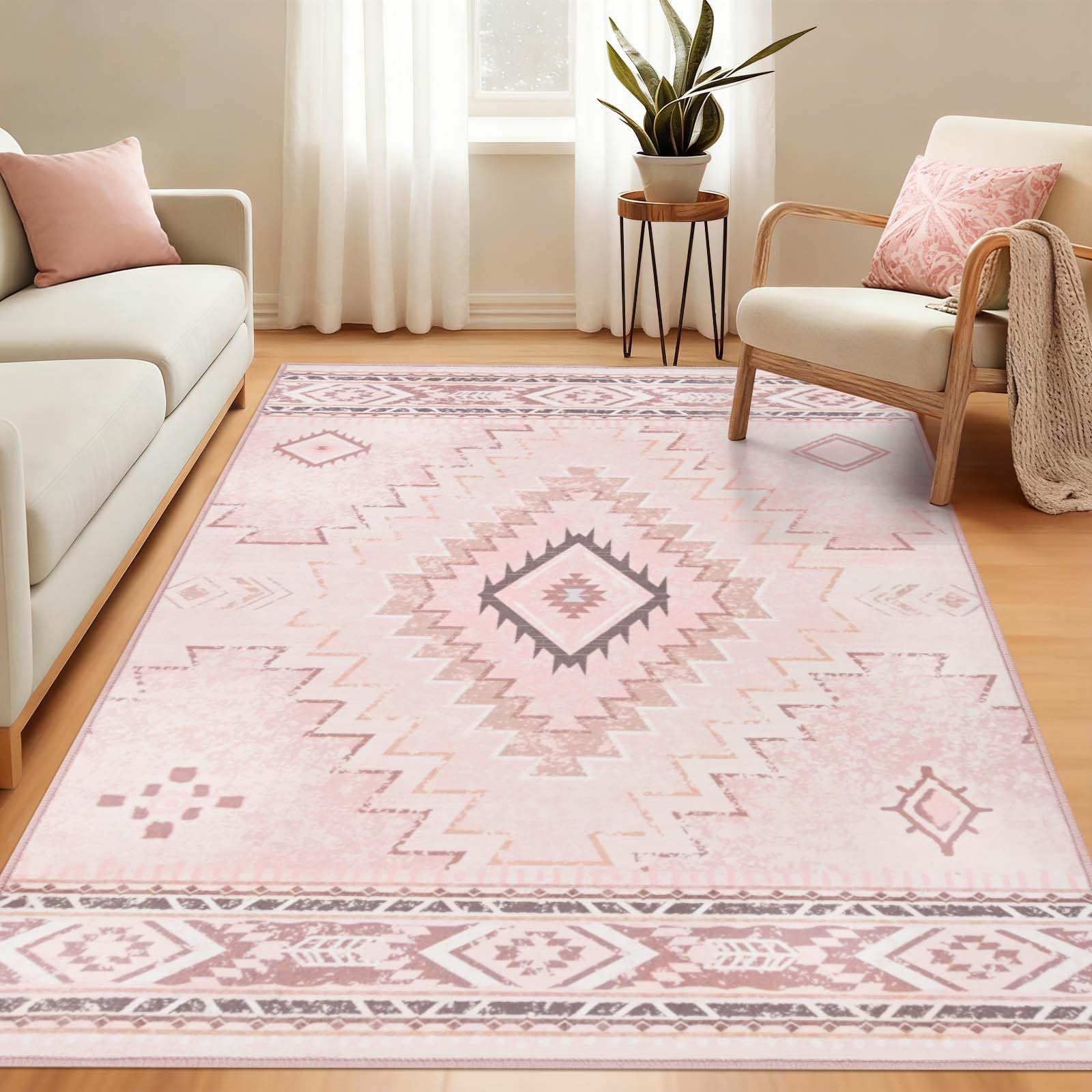 Alishomtll Teppich Läufer, Vintage Geometrisch Teppich Rosa 160x230 cm | Rutschfest Kurzflor Küchenteppich, Weich Waschbar Flurläufer für Wohnzimmer Schlafzimmer Arbeitszimmer Küche Eingang