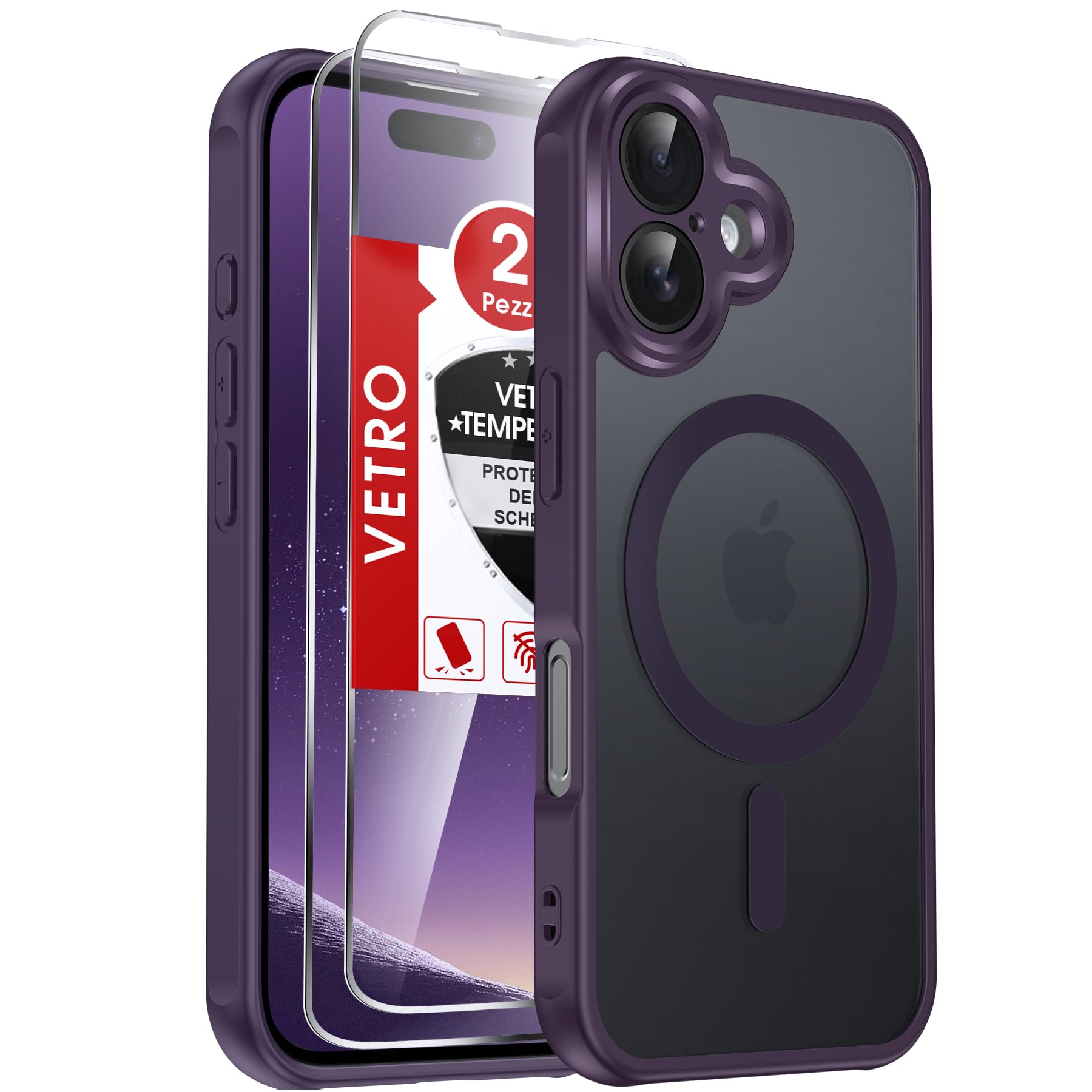 LeYi Cover Magnetica per iPhone 16 con 2 Pezzi Vetro Temperato, Custodia per iPhone 16 6,1 Pollici Traslucida Opaca Anti-Impronte Resistente ai Graffi Paraurti in TPU Antiurto Protettiva Case, Viola
