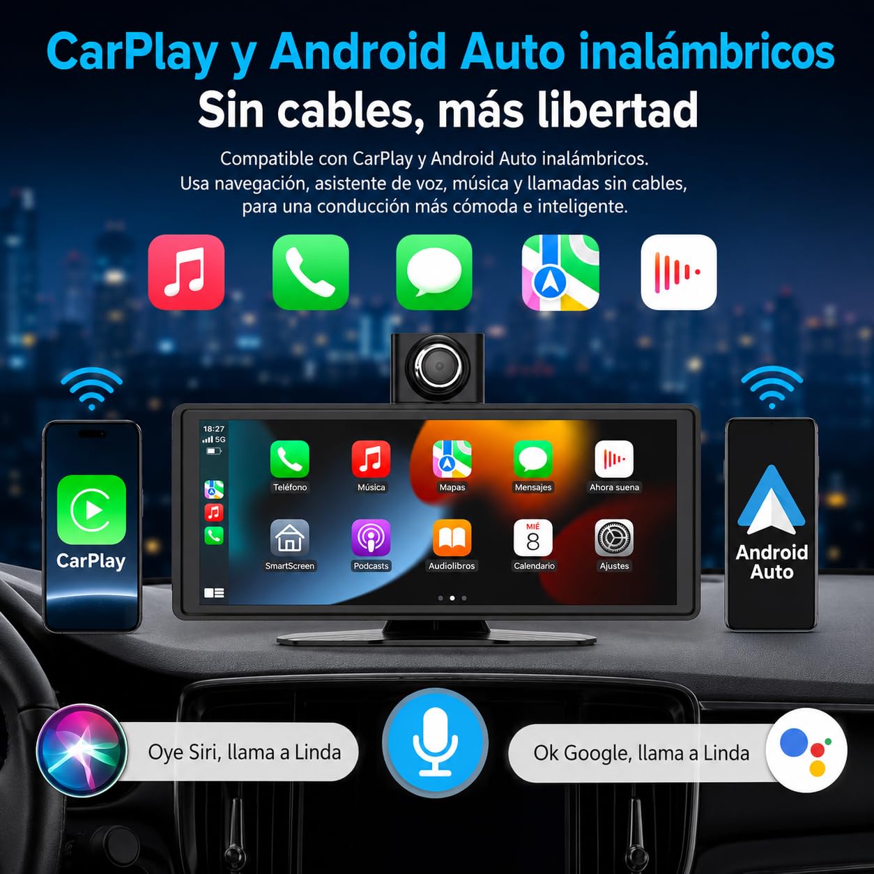 Pantalla CarPlay Coche 10,26", Pantalla Portátil para Coche con CarPlay Inalámbrico y Android Auto, Dash CAM 4K, Admite Cámara Trasera 1080P, IPS Táctil, Mirror Link, BT/FM/AUX, 64GB TF, 12V/24V