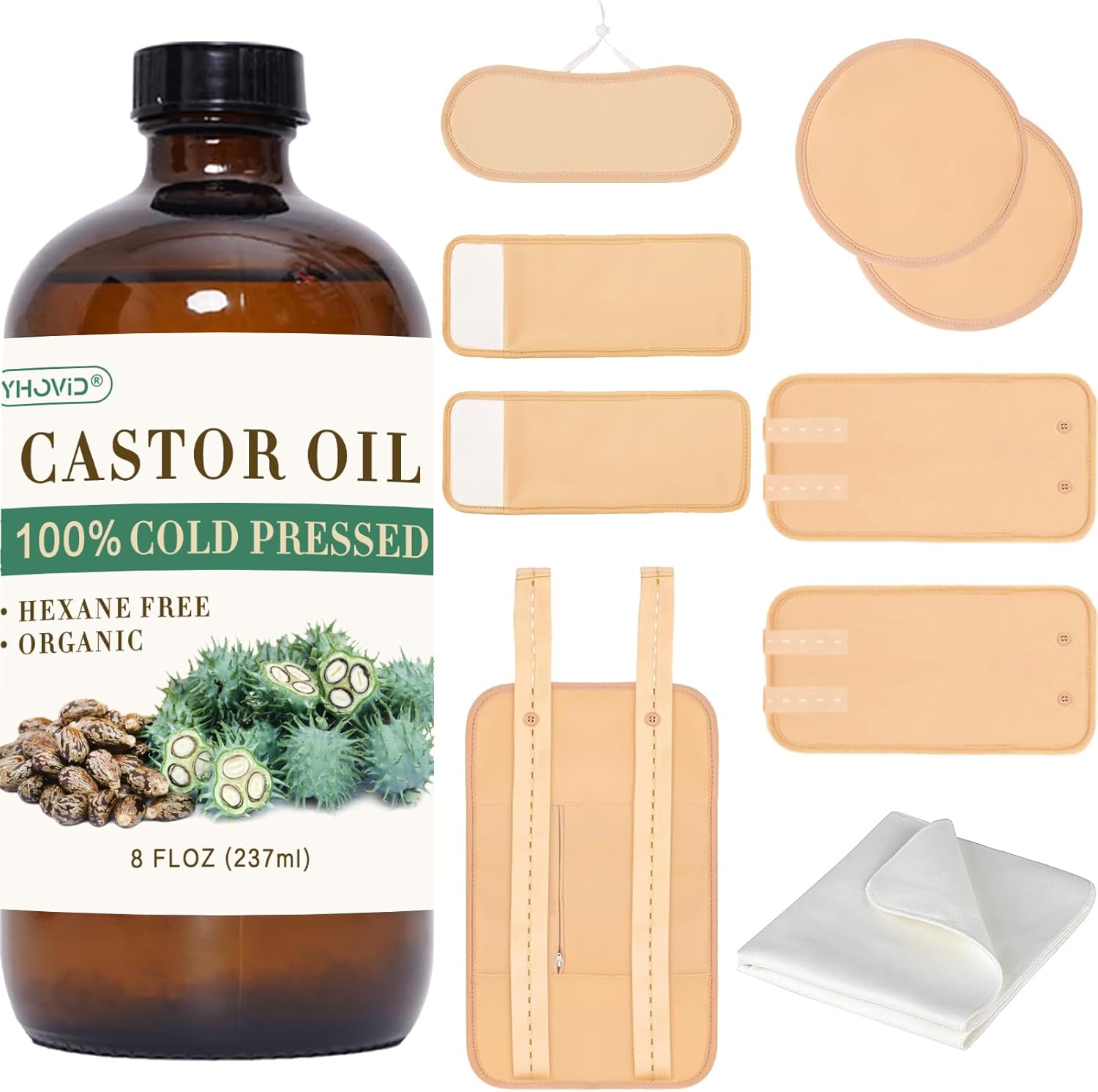 10 Pcs Organic Cotton Castor Oil Pack Wrap - Reusable Castor Oil Packs for Stomach, Neck, Knee, Foot, Women & Entire Body