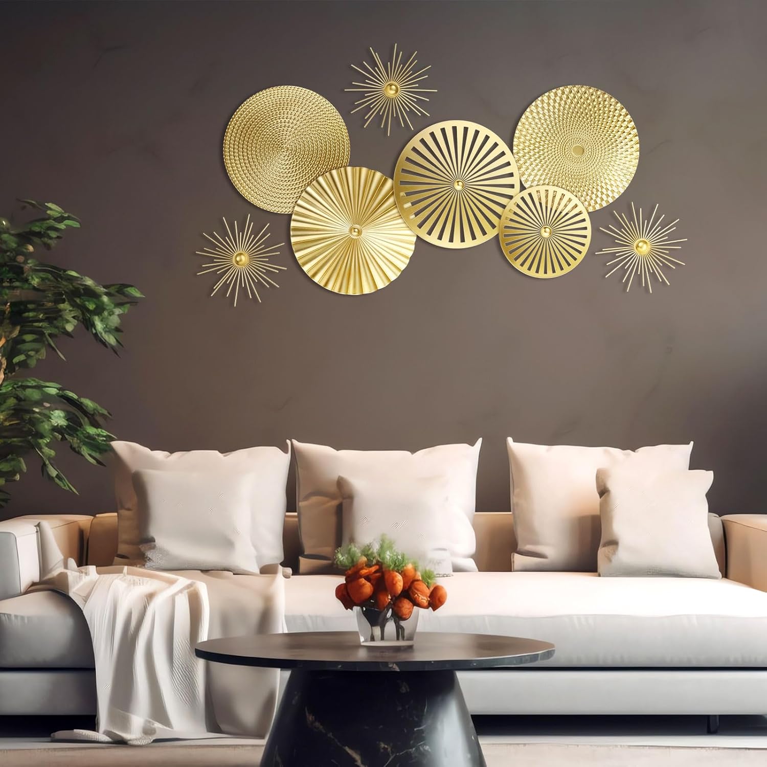 8 Pcs Gold Wall Decor Modern Metal Decor Metal Starbursts Radial Plate Art Hanging Decorative Wall Decorations for Home Bedroom Bathroom Living Room Office Sculpture(Gold)