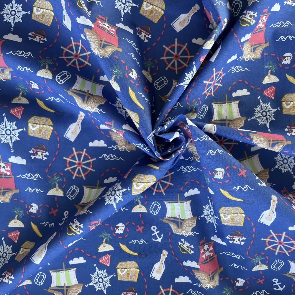 Polycotton Fabric Treasure Hunt Pirates Pirate Ship Nautical Kids Nursery (per metre) (Navy)
