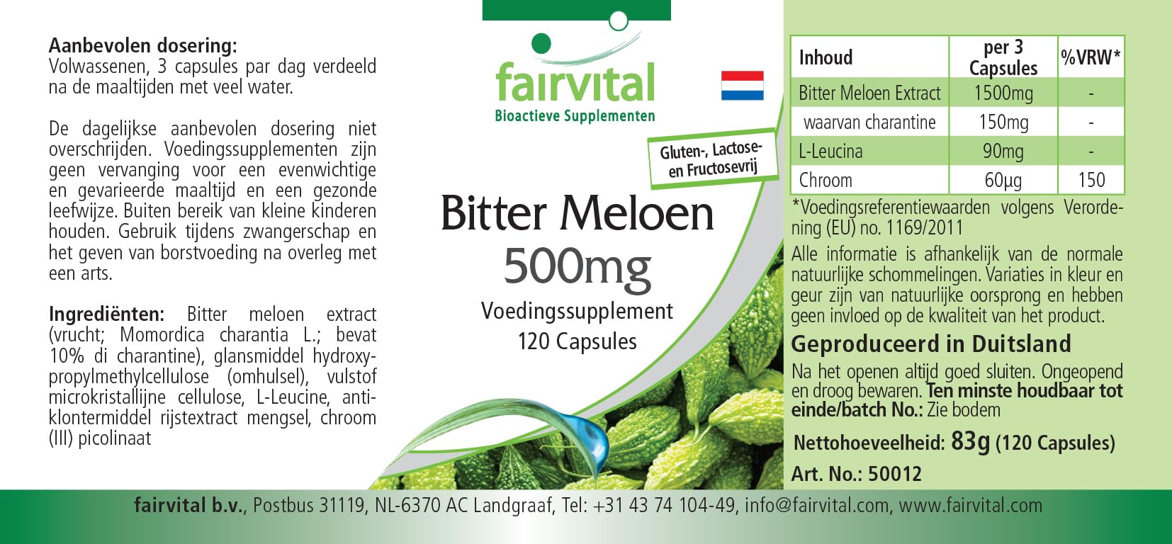 fairvital Melón amargo, 120 cápsulas, con 500mg de extracto de melón amargo y 20µg de cromo por cápsula, ALTA DOSIS, VEGANO, con un 10% de charantina