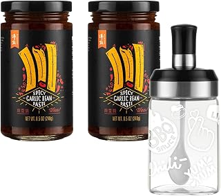 Boiling Point Bundle: Spicy Garlic Bean Paste (Pack of 2) & Glass Sauce Jar with Spoon (9.7oz) - Vegetarian Mala Condiment Set with Serving Container