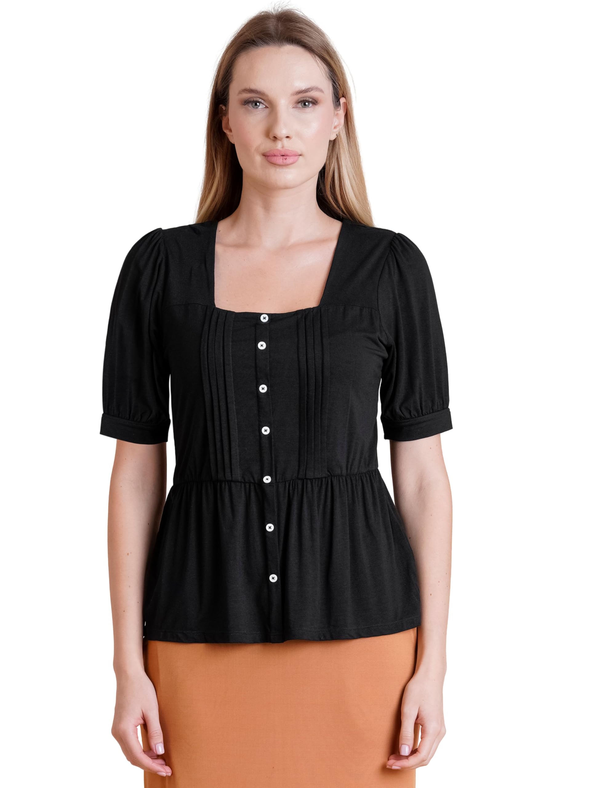 Camicetta da donna con maniche a sbuffo e scollo quadrato, vestibilità aderente, in cotone, con bottoni plissettati sul davanti, in vita arricciata, top estivo casual elegante da indossare