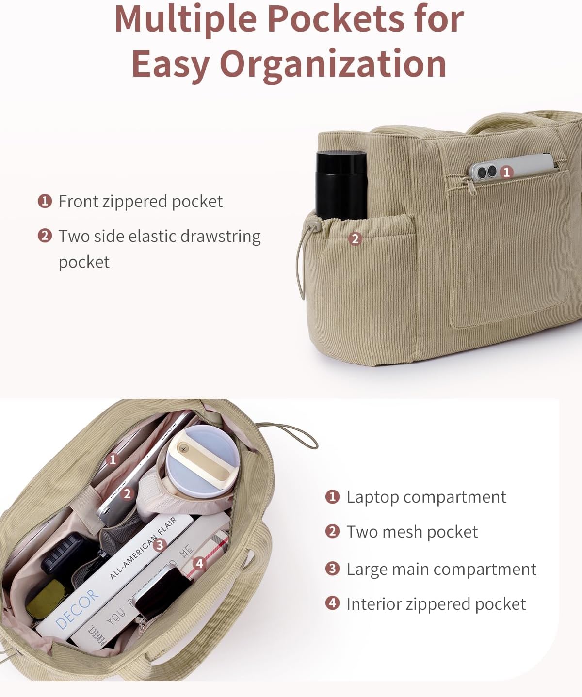ECOHUB Large Corduroy Tote Bag for Women with Cup Holder & Luggage Sleeve & Laptop Compartment for Work Travel College Casual - Image 6