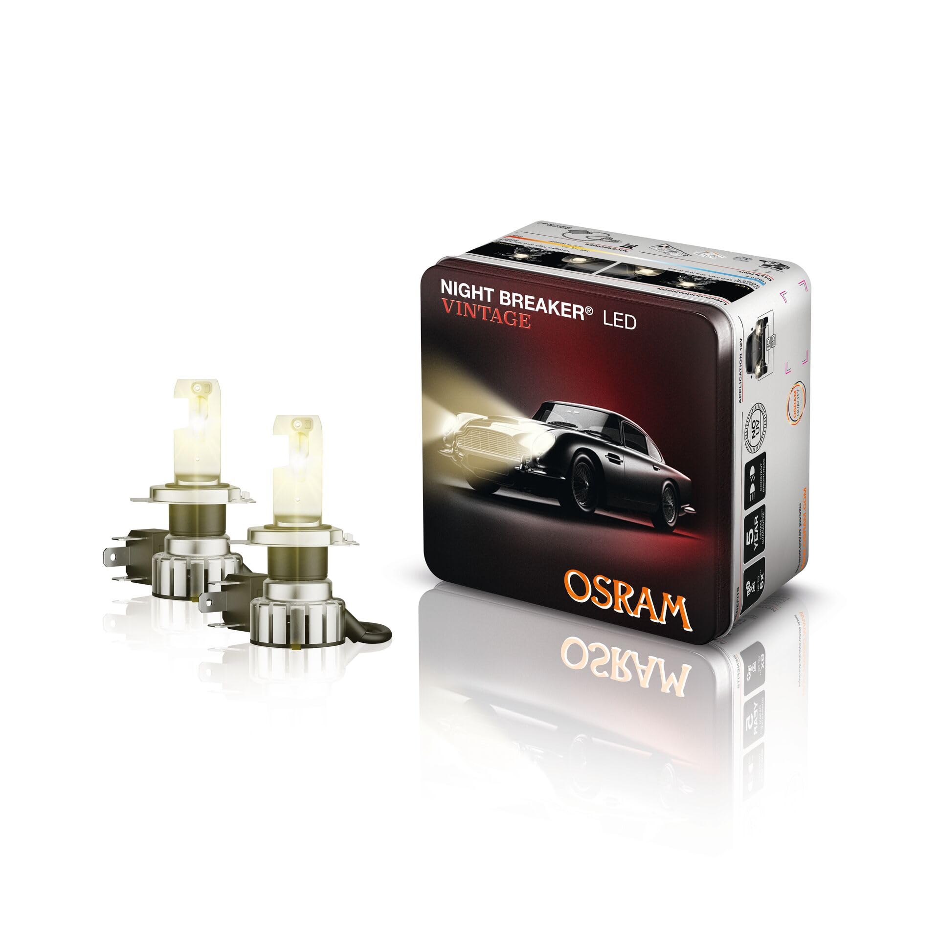Osram NIGHT BREAKER LED VINTAGE H4 + R2 Adapter, 3000K, warmweiße Farbtemperatur, bis zu 330% mehr Helligkeit