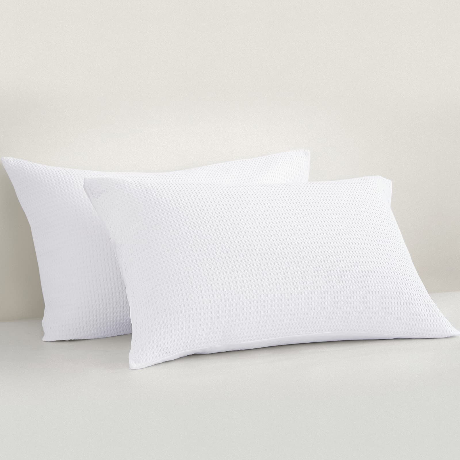 PHF Cotton Waffle Weave Pillowcases Standard Size Set of 2, No Insert, 20" x 26" Ultra Soft Cotton Blend Pillow Shams, Comfy Breathable and Skin-Friendly Pillow Cases Covers, White