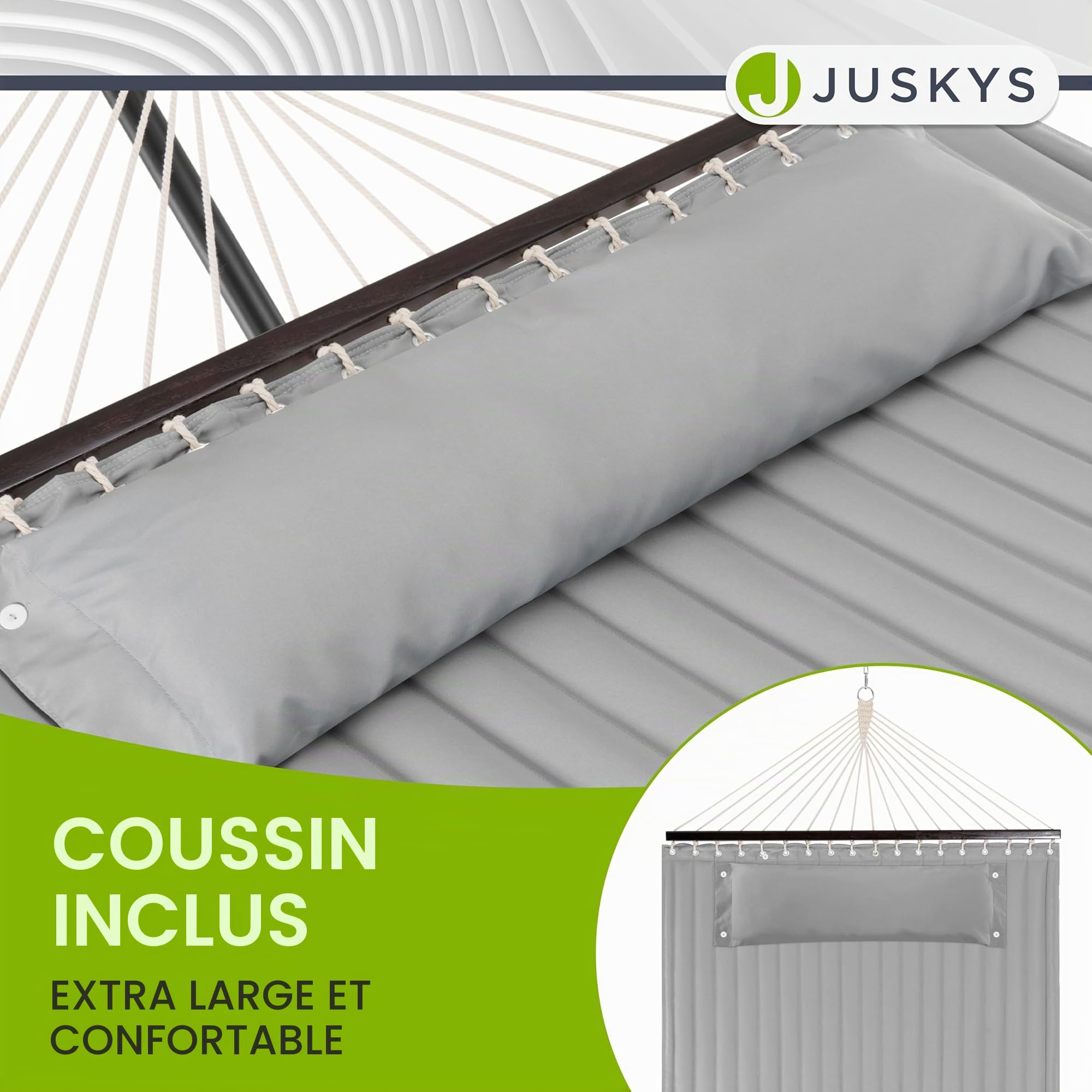 Hamac Cata de Juskys avec châssis et Coussin - hamac Double d'extérieur, pour 2 Personnes - hamac Double avec châssis, supportant jusqu'à 200 kg - Gris Clair