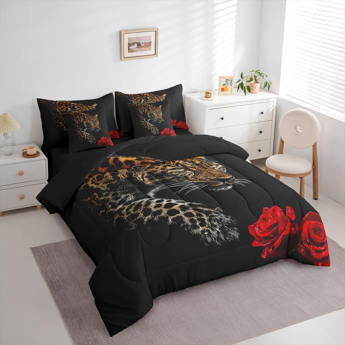 Erosebridal Leopard 7 Piece Bedding Set King Size Cheetah Bed in A Bag Rose Flower Comforter with Sheets African Savanna Animal Bed Sets