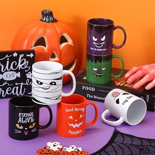 Miniatura 4 de Lallisa Juego de 6 tazas de Halloween de 13 onzas, calabazas, gatos, fantasmas, tazas de cerámica a juego para Halloween, hogar, escuela, oficina,