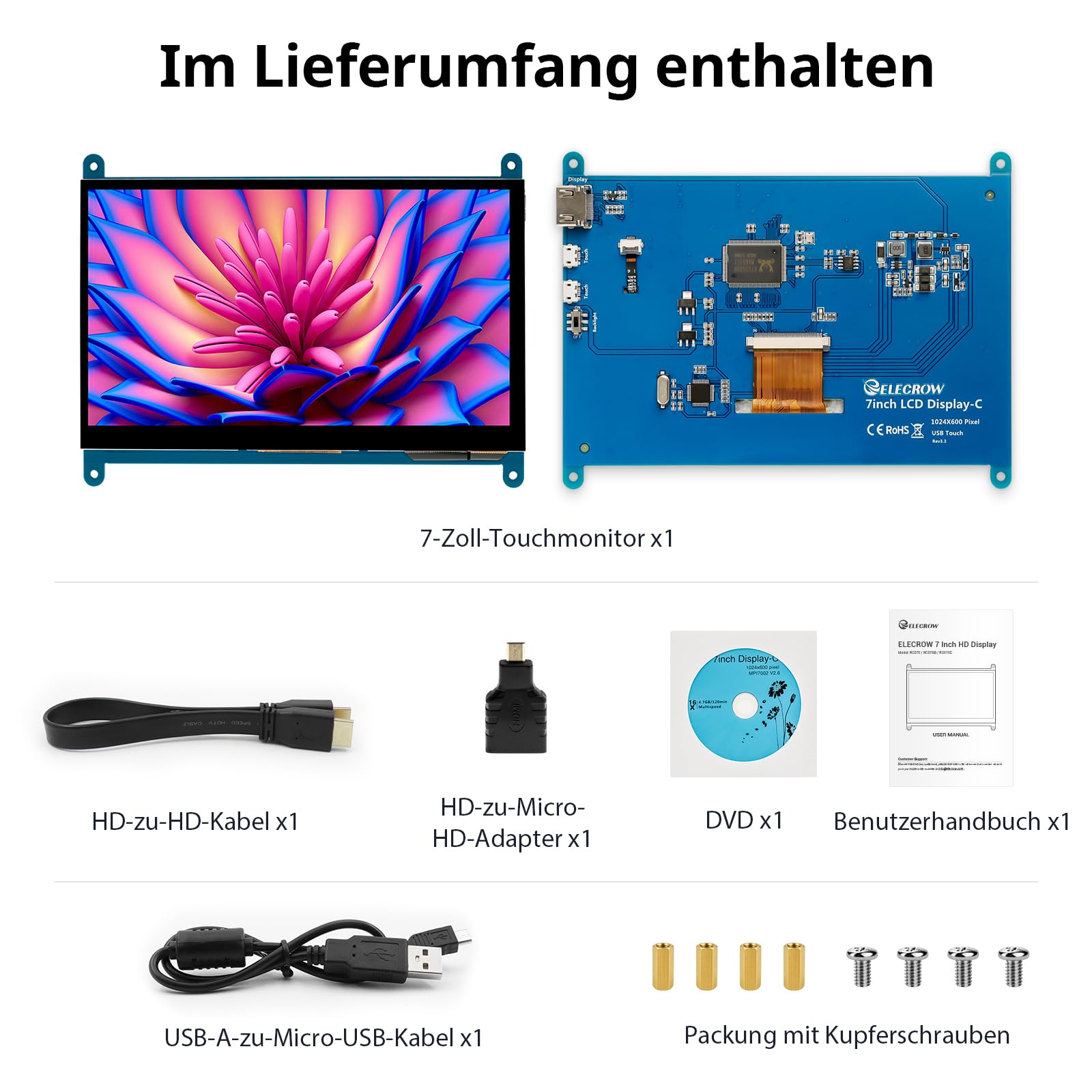 ELECROW Raspberry Pi Display, 7 Zoll Mini Monitor 1024X600 HD LCD Display Touchscreen Monitor Kompatibel mit Raspberry Pi 5/4/3/2/Zero, PC, Jetson Nano, Banana Pi, BB Schwarz