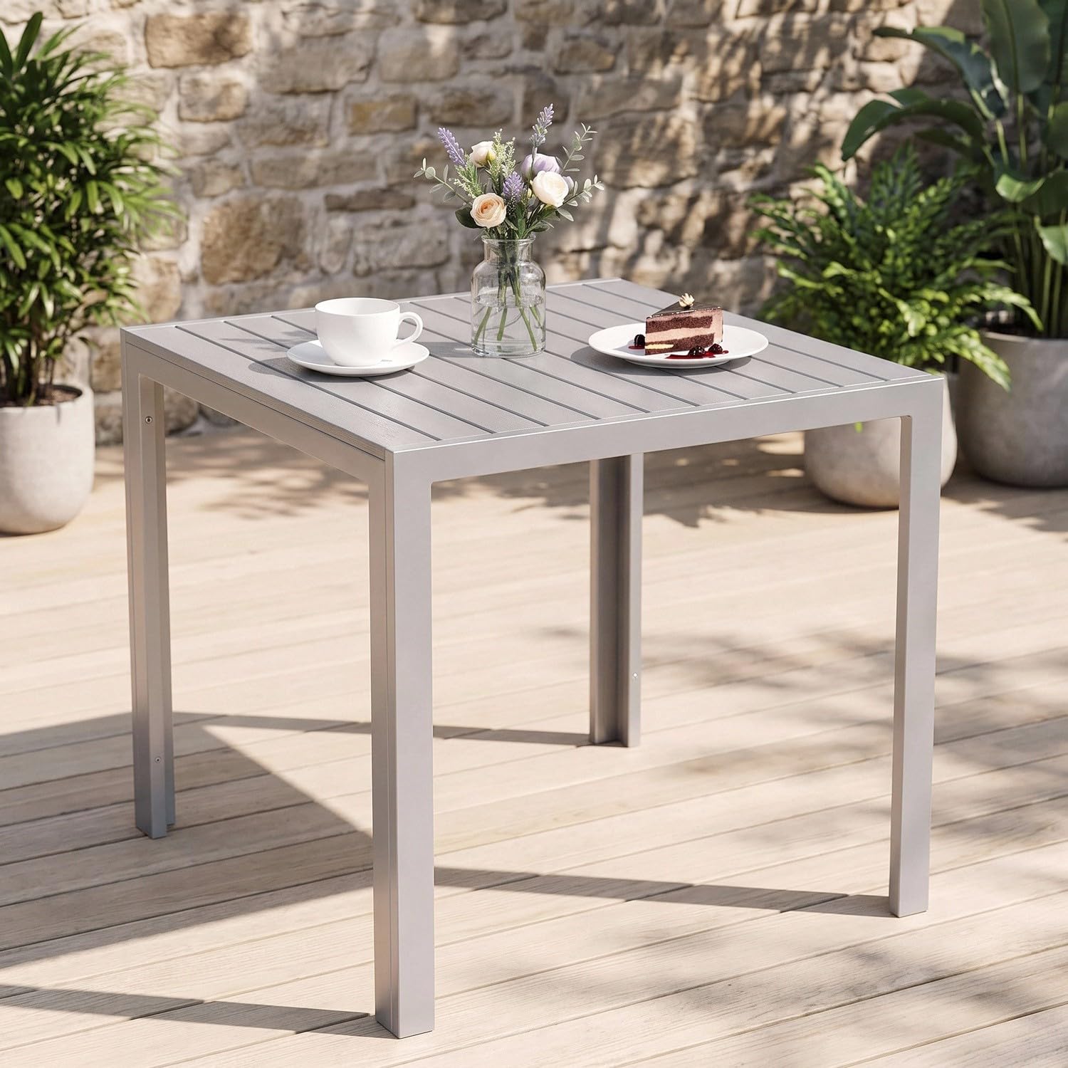 Clevich Weatherproof Garden Table 75x75cm, WPC Top Aluminium Frame, Silver — image 1