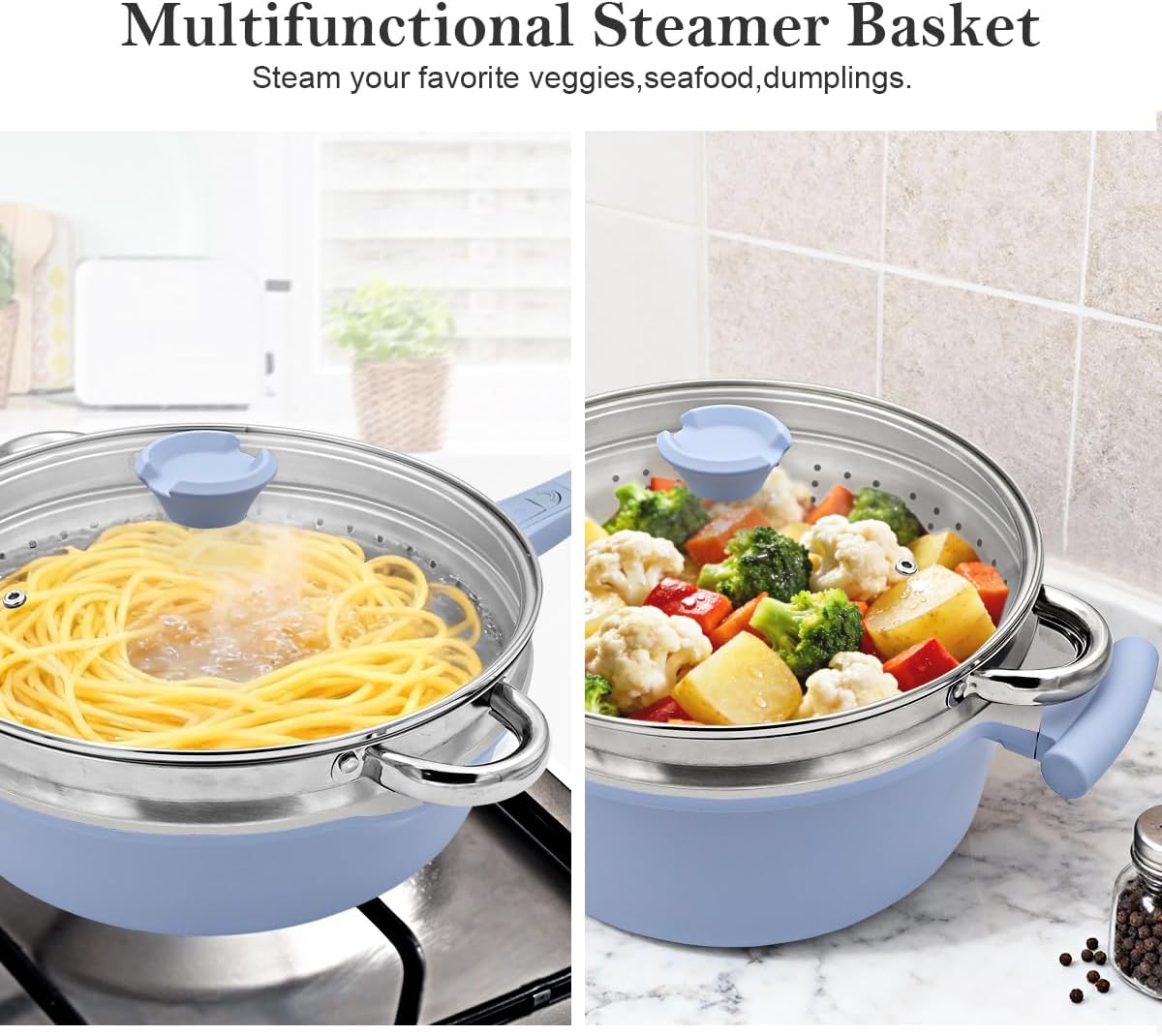 Pots and Pans Set Non Stick, Ceramic Cookware Set, Nonstick Steamer Pot and Pan for Cooking, Kitchen Cooking Set Non Toxic, Induction Compatible, Detachable Handle, Oven Safe, PFOA Free,Blue