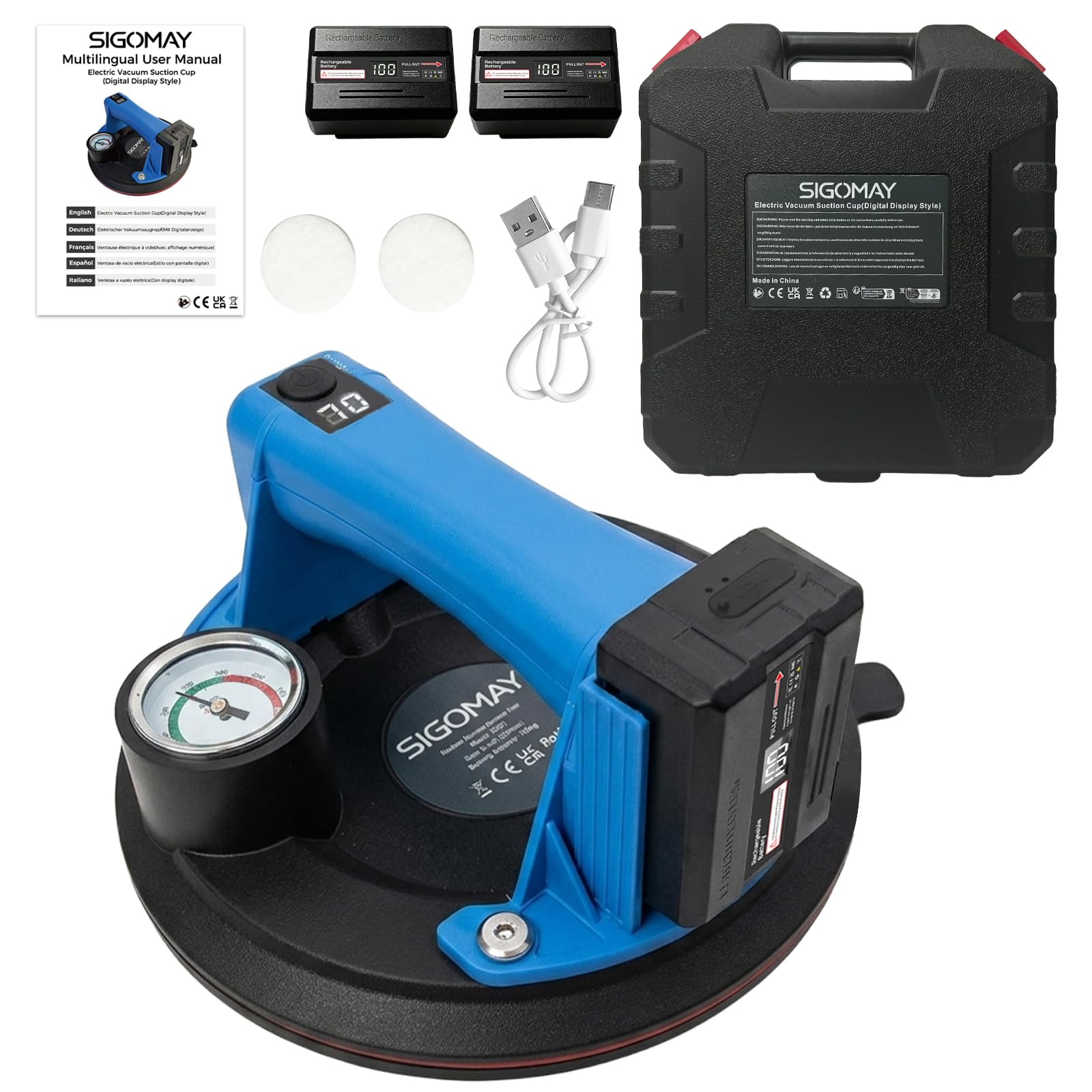8" Akku Saugheber für Fliesen 130kg, Elektrischer Vakuumheber mit Metall-Manometer & LCD-Display, 2x Digital-Akkus (USB-Ladung), Saugheber für Glas und Glatte Oberflächen