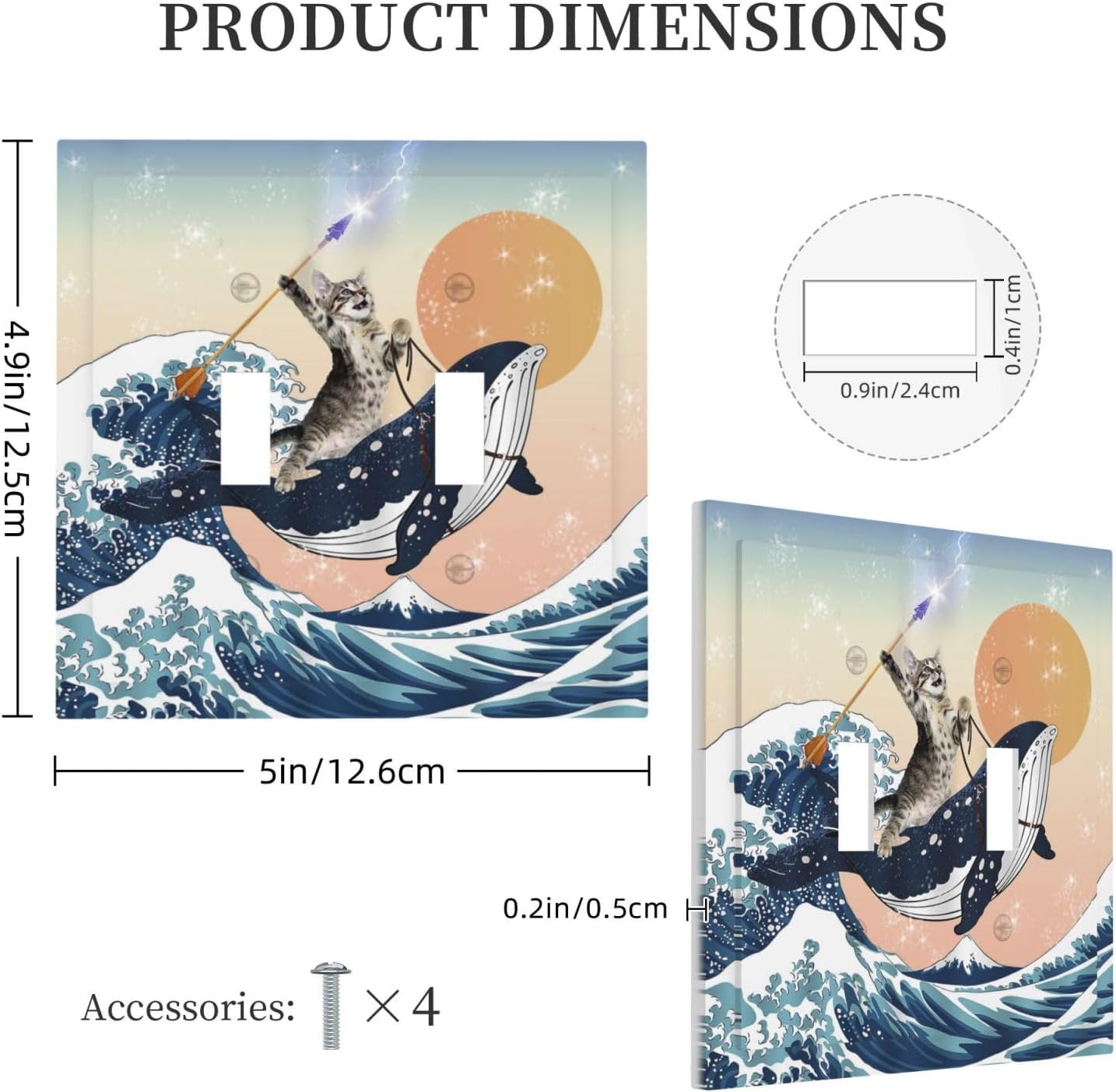 Funny Brave Cat Ocean Wave Whale Sun Lightning Decorative Switch Plates 2 Gang Double Toggle Outlet Light Switch Cover Wall Plate Electrical Faceplate for Bathroom Kids Room Decor image 5