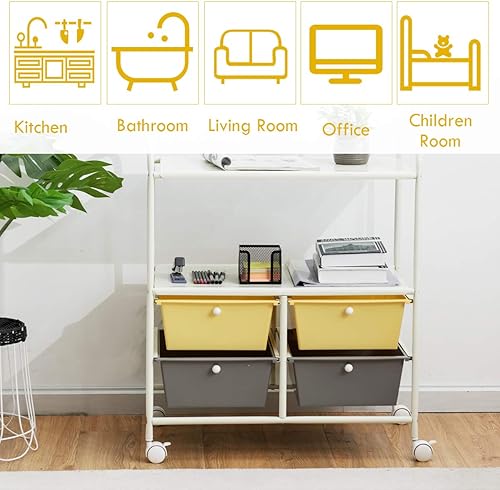 Miniatura 8 de RELAX4LIFE Carrito de almacenamiento rodante con 4 cajones, carrito utilitario con ruedas con 2 estantes y marco de metal, organizador de archivos