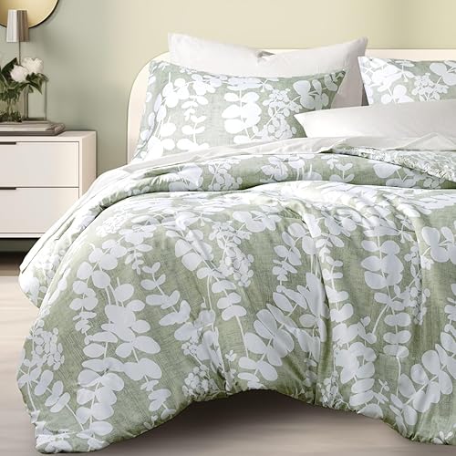 Codi Juego de edredón verde salvia, tamaño Queen, juegos de ropa de cama floral para mujer, estilo botánico natural, diseño reversible único, mejor