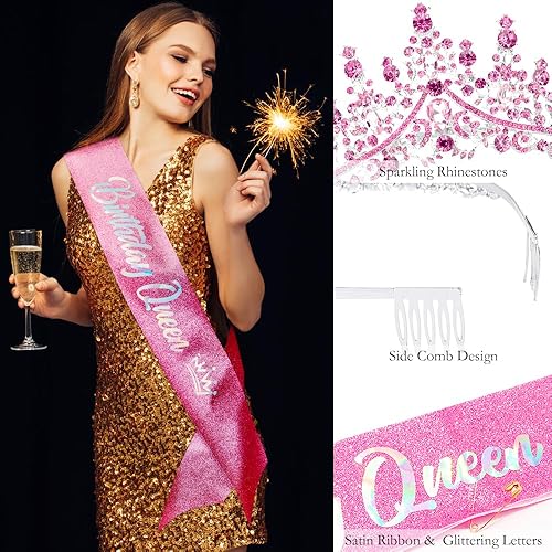 Miniatura 6 de ATODEN Corona de tiara rosada para cumpleaños de reina tiaras y coronas para mujeres y niñas, diadema de princesa de cristal, diadema de diamantes