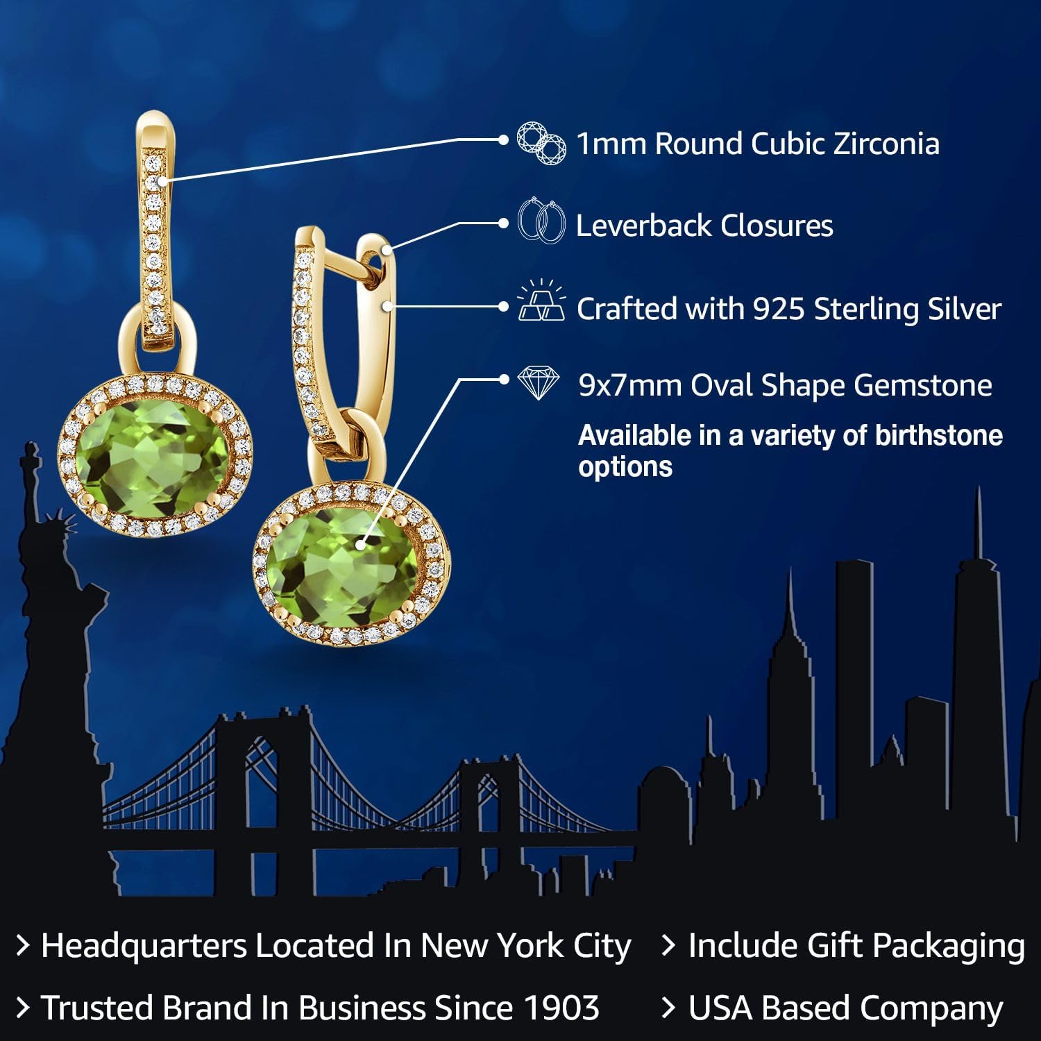 Gem Stone King 18K Yellow Gold Plated Silver Halo Leverback Oval Drop Dangle Earrings for Women | 9X7MM Oval Gemstone Birthstone | Fine Jewelry Gifts for Her Mom Women Wife - Image 2