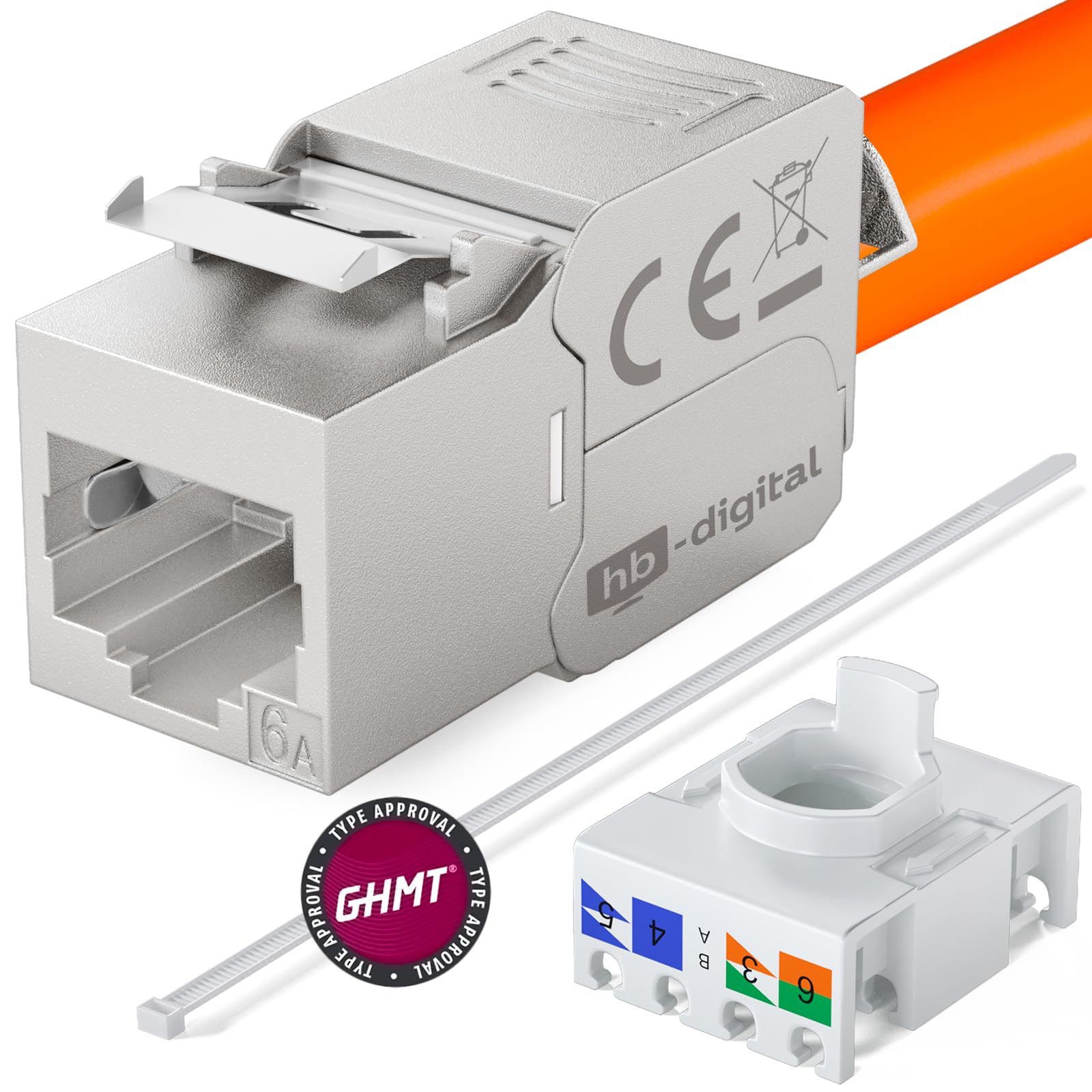 hb-digital Juego de 16 módulos Keystone CAT.6a RJ45 + 8 adaptadores de riel de metal Keystone para riel de sombrero, 35 mm, estándar | RJ45 Jack apantallado de acero inoxidable LSA, montaje Ethernet