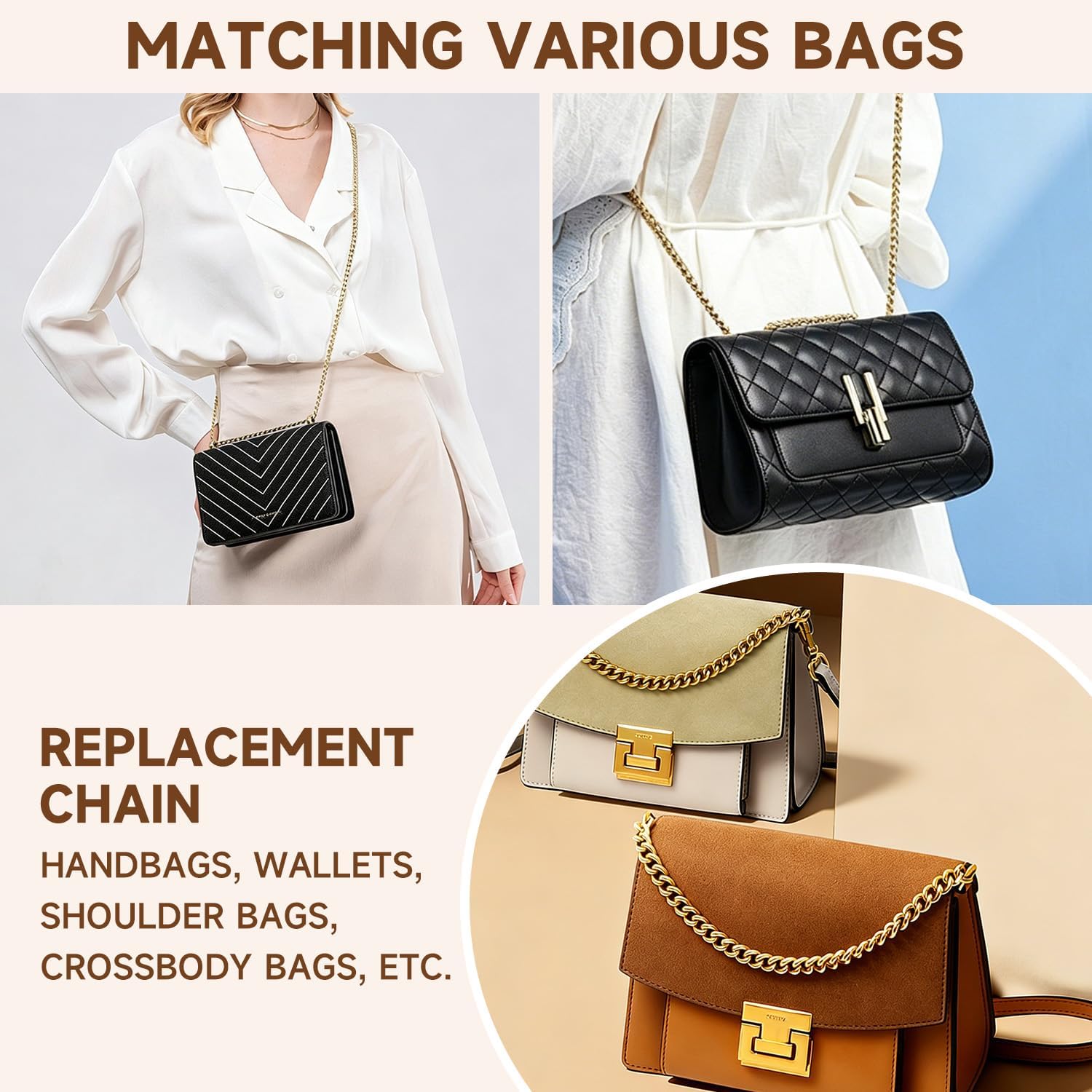 4 Pieces Iron Flat Chains for Purse, Metal Chain Strap for Handbag Shoulder Crossbody Bag, DIY Replacement Bag Straps with Snap Hooks, Gold (15.4/23.6/31.4/47.2 Inch) (Silver)